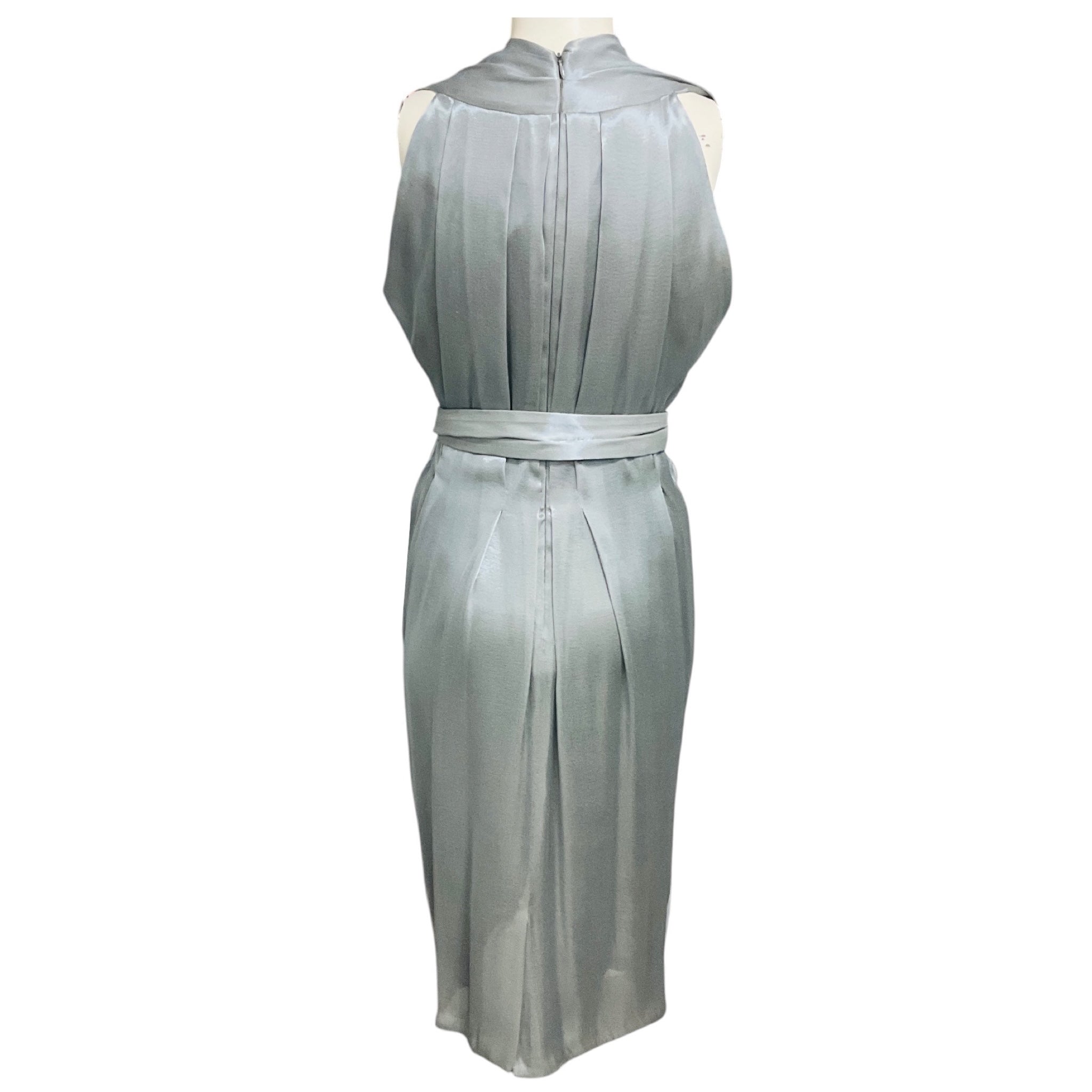 Martin Grant Silver Grey Shimmer Draped Sleeveless V-Neck Midi Dress with Belt