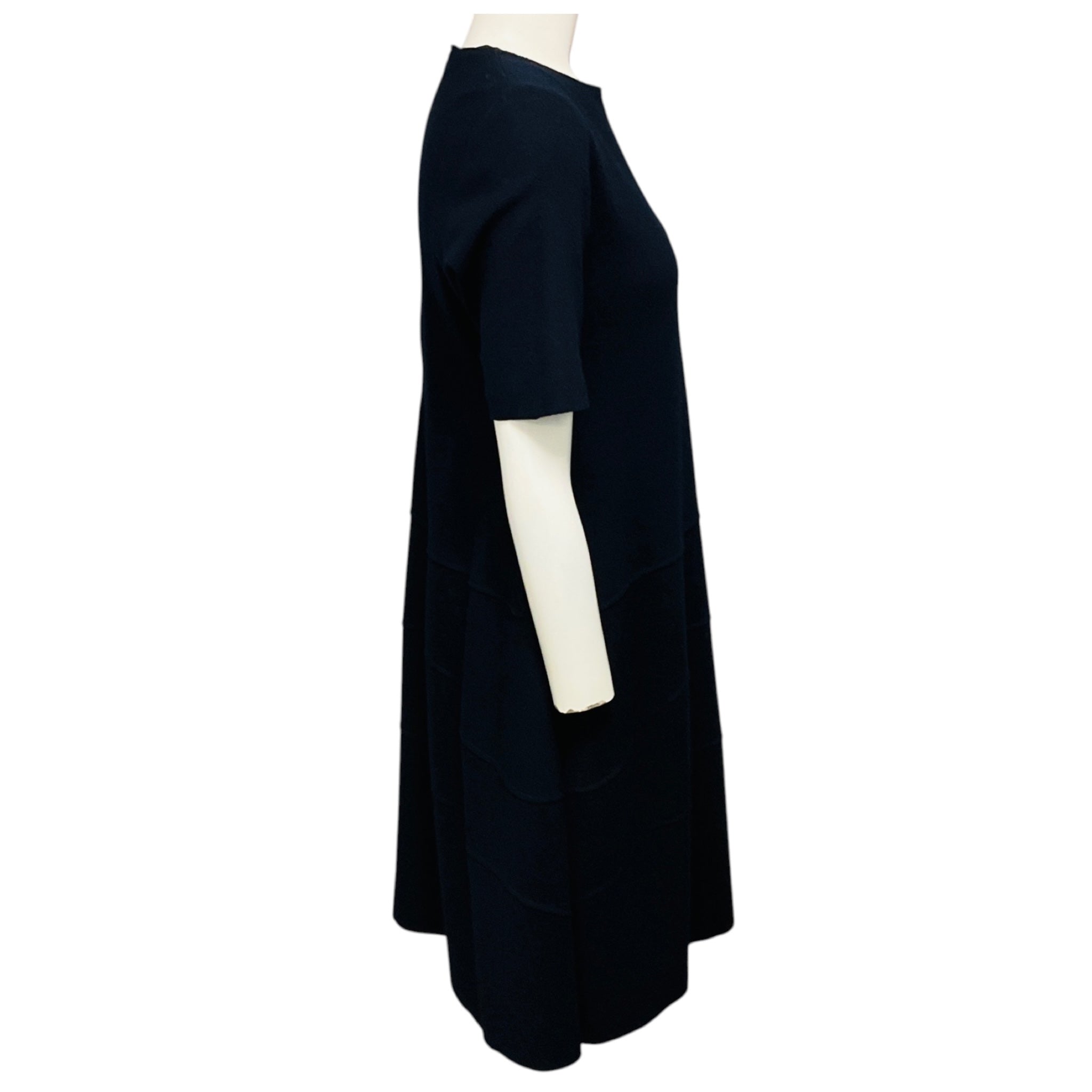 Jil Sander Navy Blue Short Sleeved Flared Wool Dress