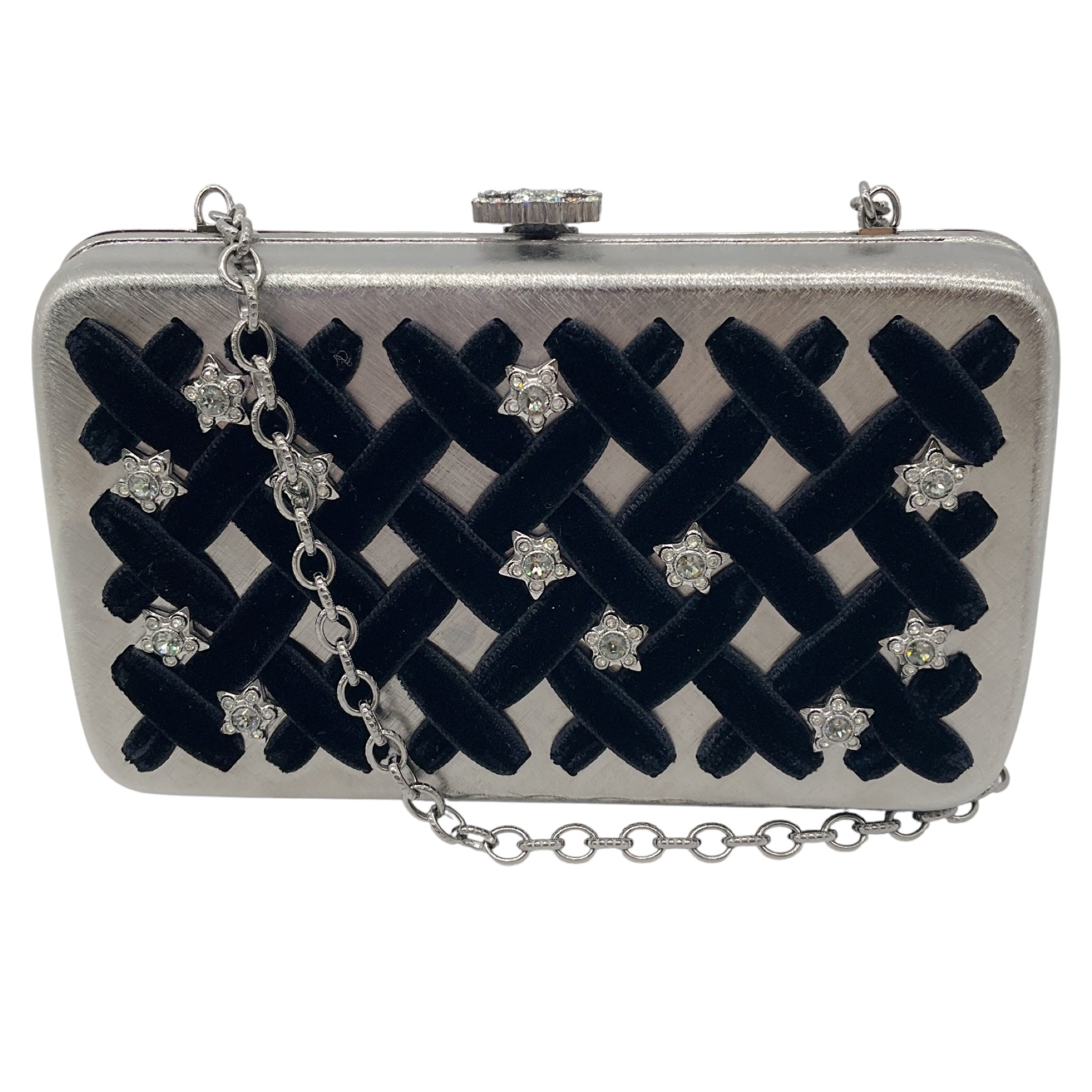 Chanel Silver / Black Pre-Fall 2015 Metiers d'Art Paris-Salzburg Velvet Trimmed Metal Clutch