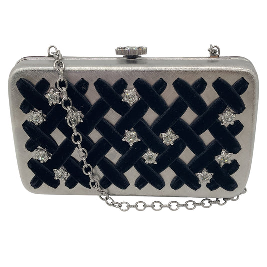 Chanel Silver / Black Pre-Fall 2015 Metiers d'Art Paris-Salzburg Velvet Trimmed Metal Clutch