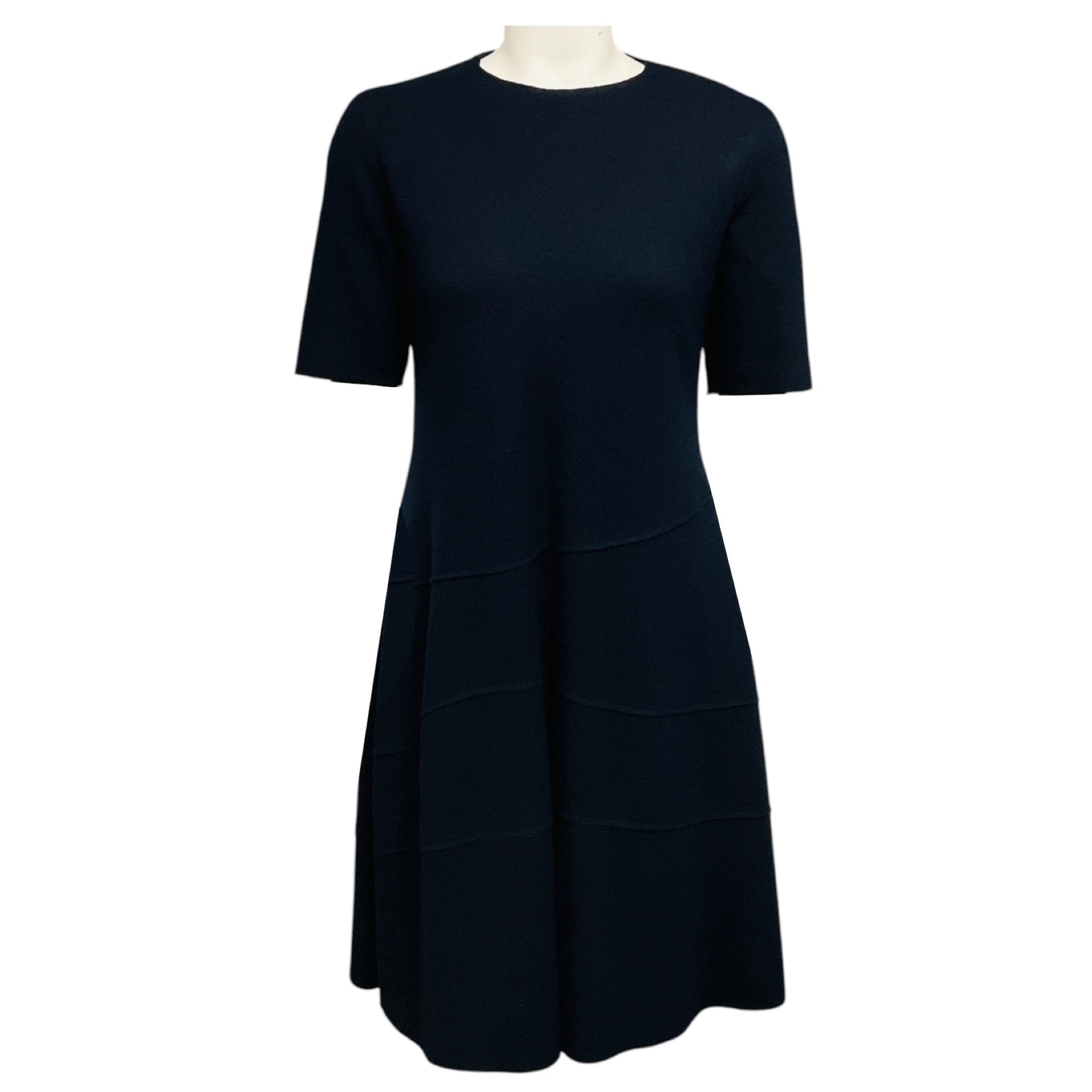 Jil Sander Navy Blue Short Sleeved Flared Wool Dress