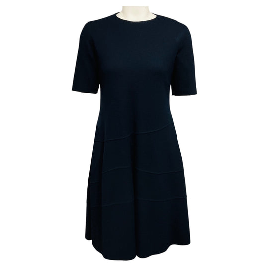 Jil Sander Navy Blue Short Sleeved Flared Wool Dress
