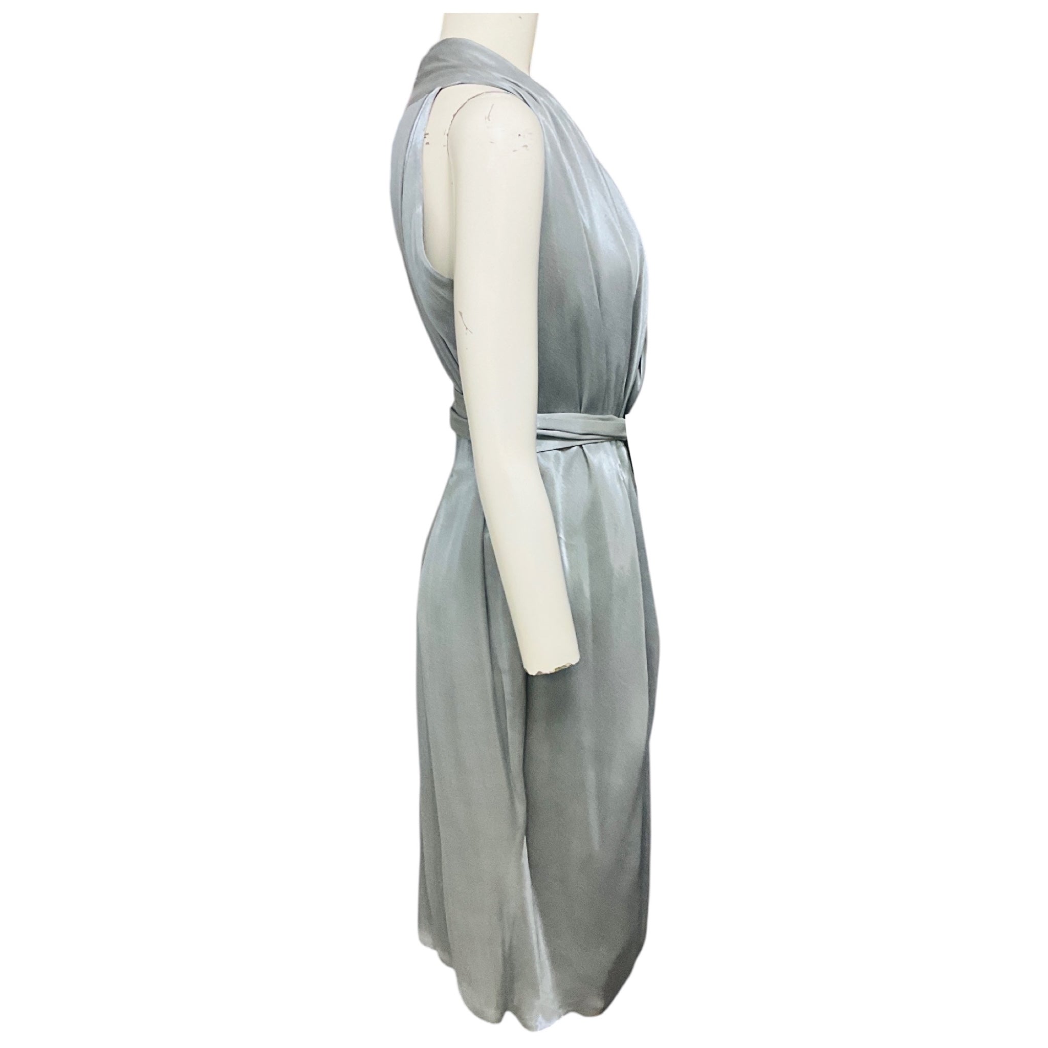 Martin Grant Silver Grey Shimmer Draped Sleeveless V-Neck Midi Dress with Belt