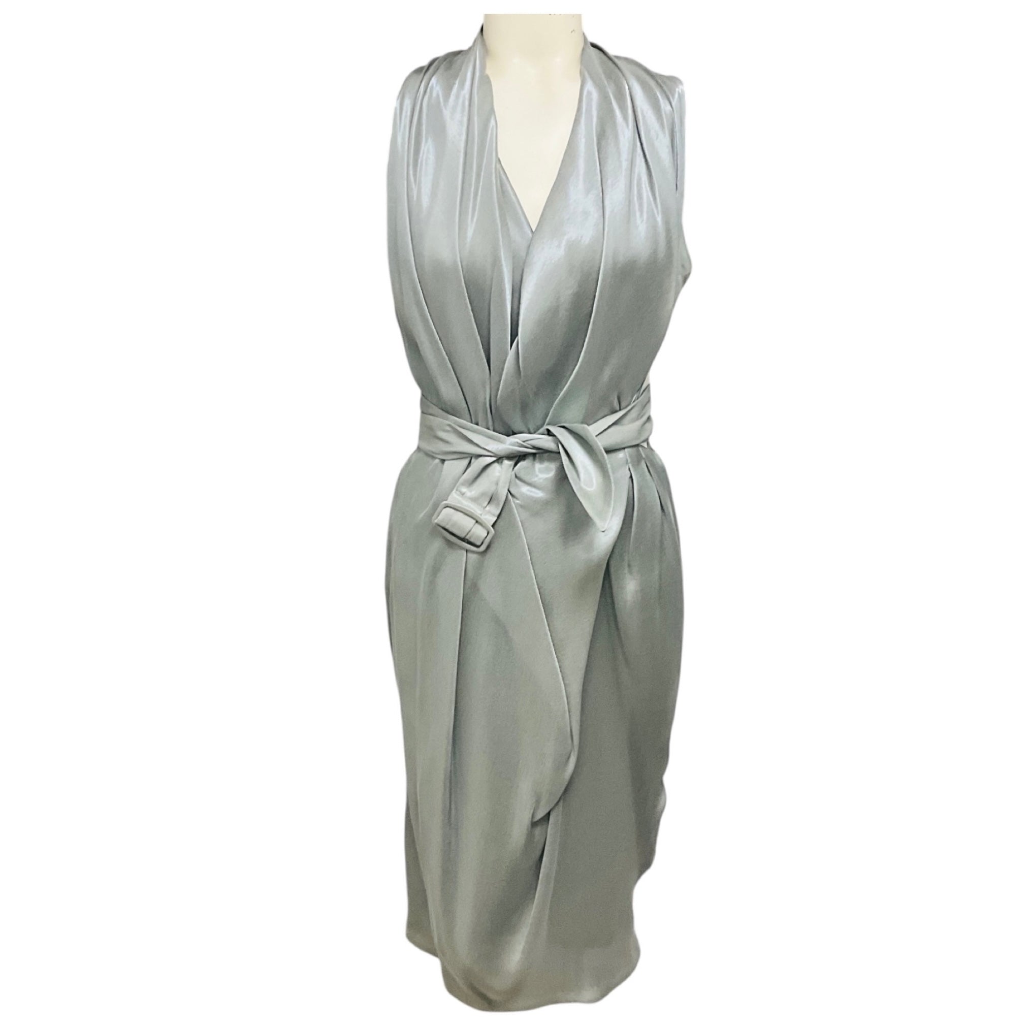 Martin Grant Silver Grey Shimmer Draped Sleeveless V-Neck Midi Dress with Belt