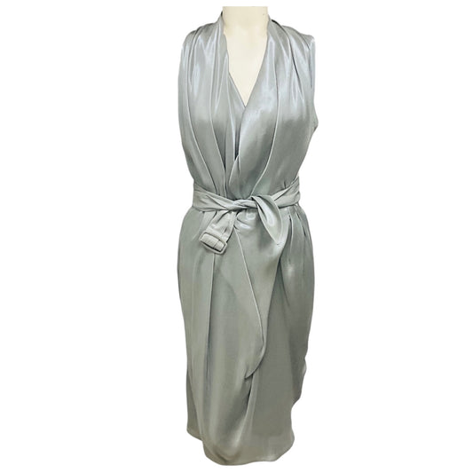Martin Grant Silver Grey Shimmer Draped Sleeveless V-Neck Midi Dress with Belt