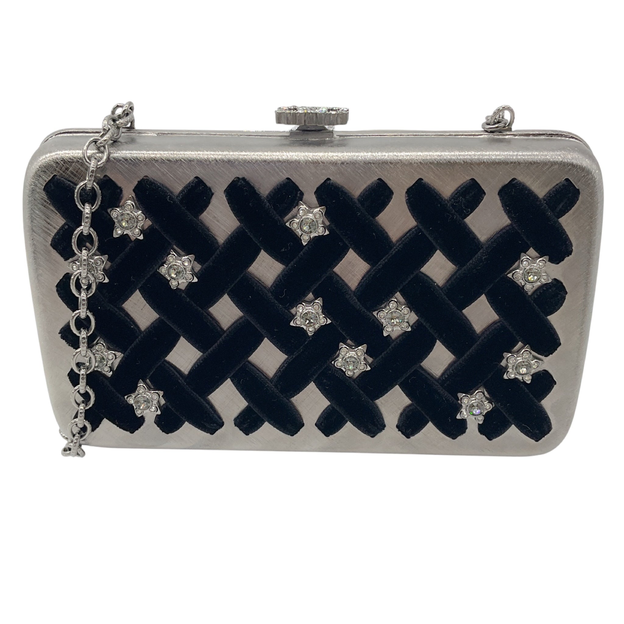 Chanel Silver / Black Pre-Fall 2015 Metiers d'Art Paris-Salzburg Velvet Trimmed Metal Clutch