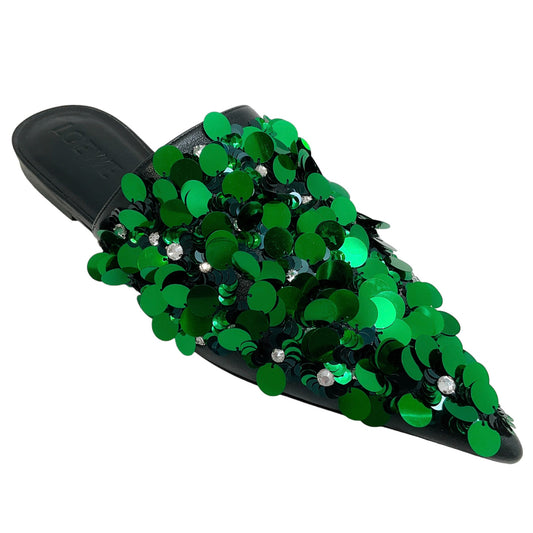 Loewe Emerald Green Sequined Pointed Toe Mules