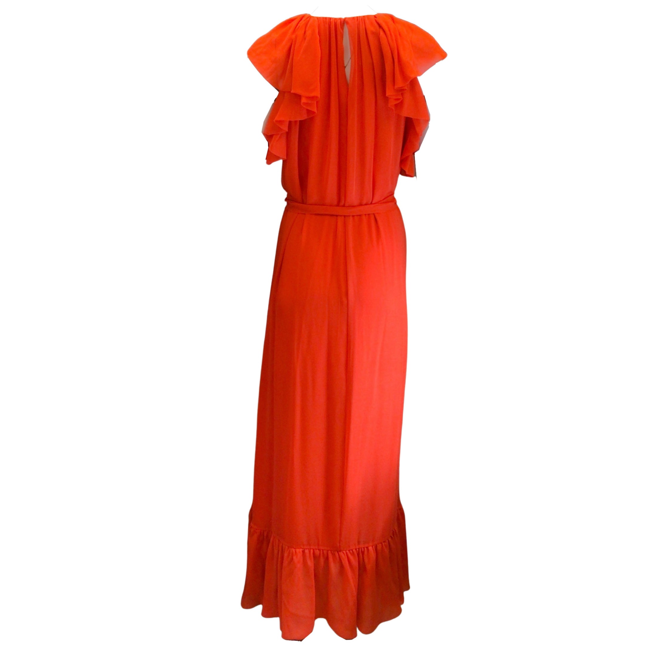 Monique Lhuillier Collection Poppy Red Ruffled Detail Belted Silk Maxi Dress