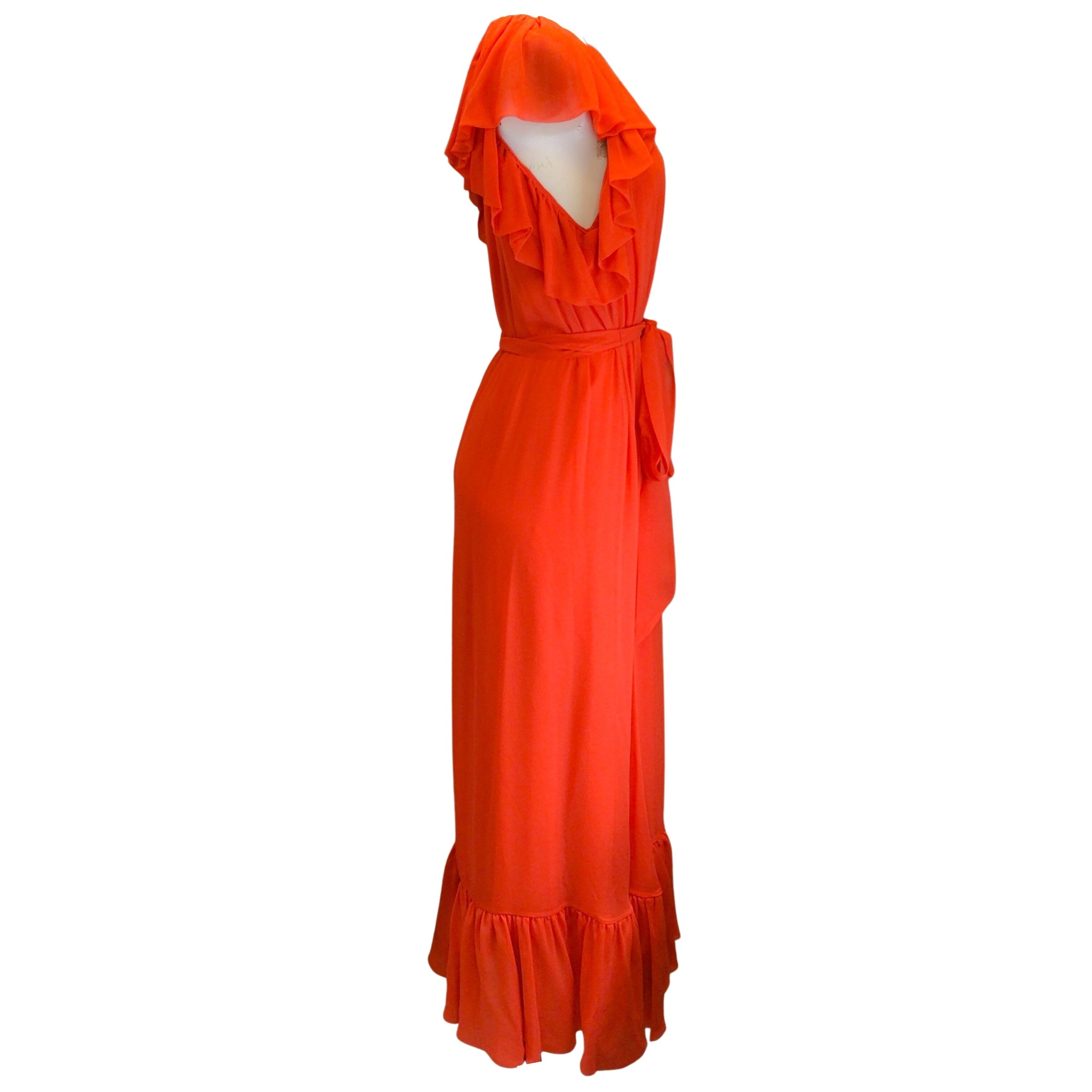 Monique Lhuillier Collection Poppy Red Ruffled Detail Belted Silk Maxi Dress