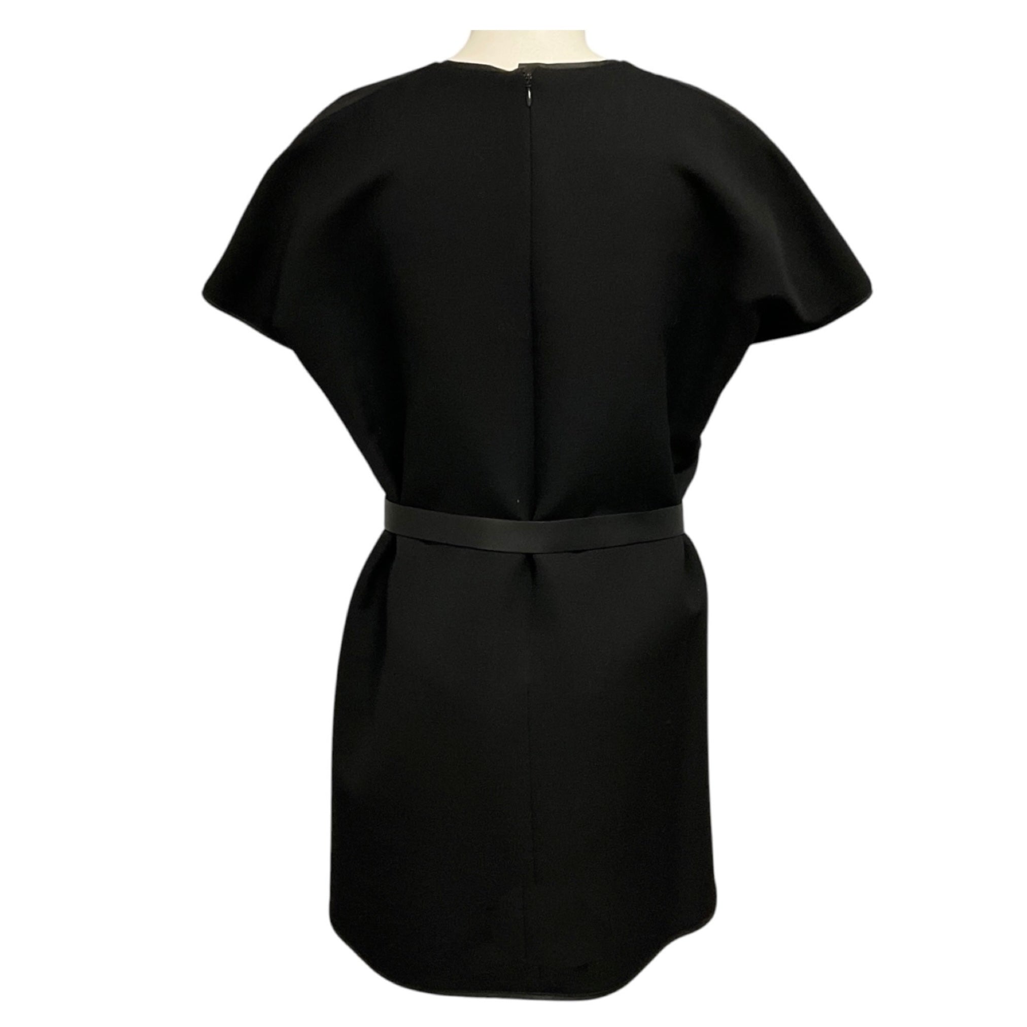 Valentino Black Lambskin Leather Trimmed Wool Crepe Mini Dress with Belt
