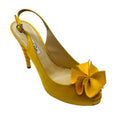 Load image into Gallery viewer, Oscar de la Renta Yellow Origami Open Toe Satin Sculpted Heel Slingback Heels
