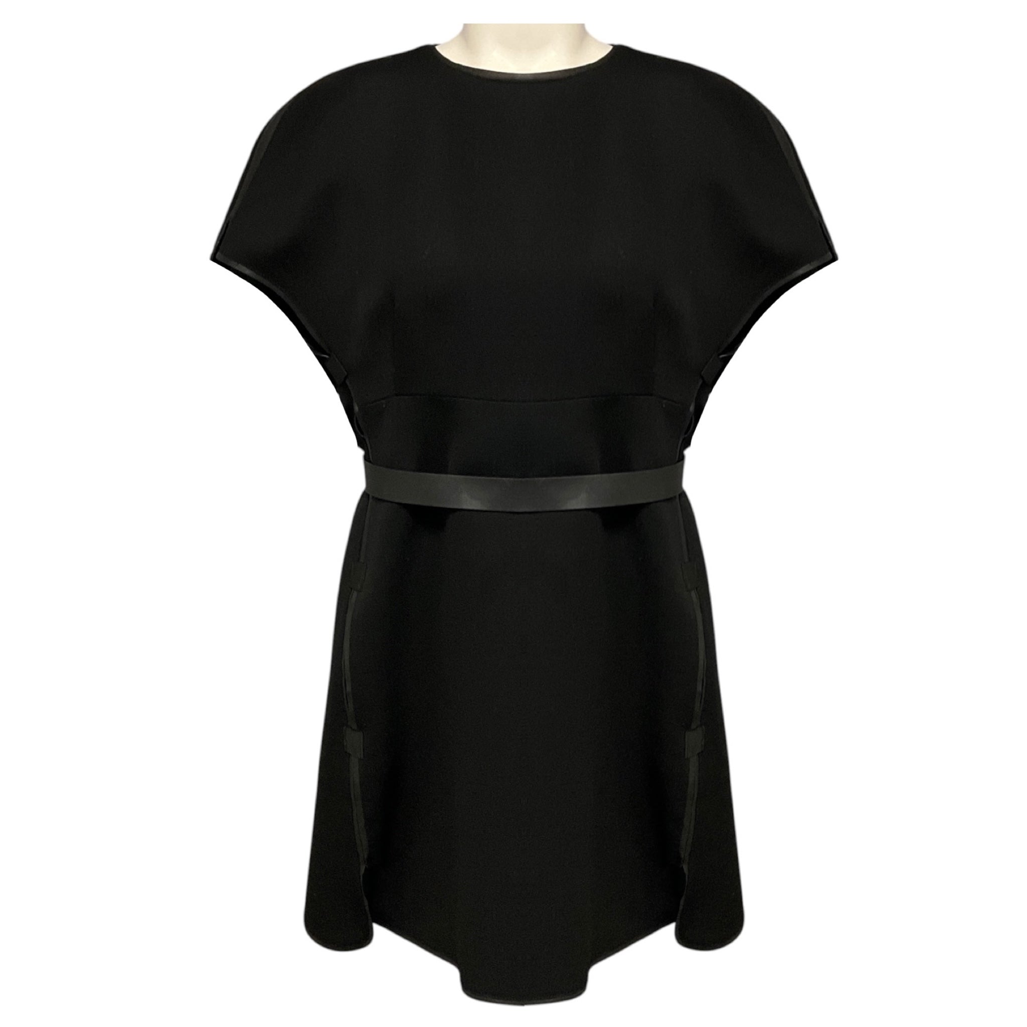 Valentino Black Lambskin Leather Trimmed Wool Crepe Mini Dress with Belt