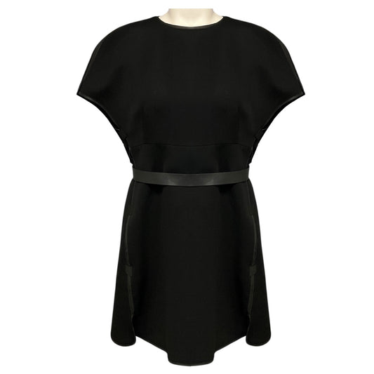 Valentino Black Lambskin Leather Trimmed Wool Crepe Mini Dress with Belt
