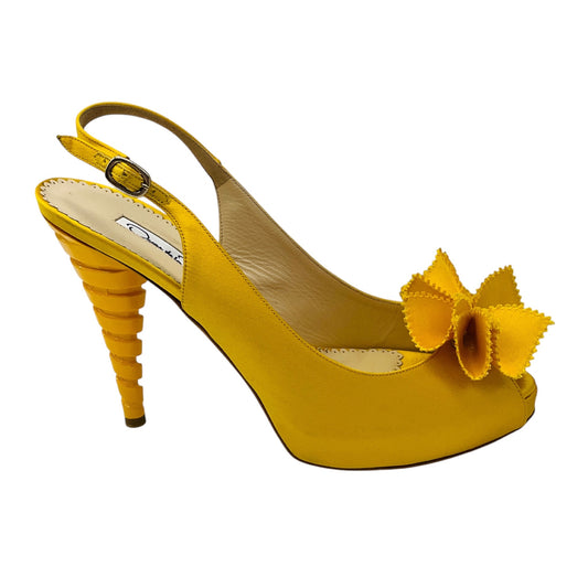 Oscar de la Renta Yellow Origami Open Toe Satin Sculpted Heel Slingback Heels