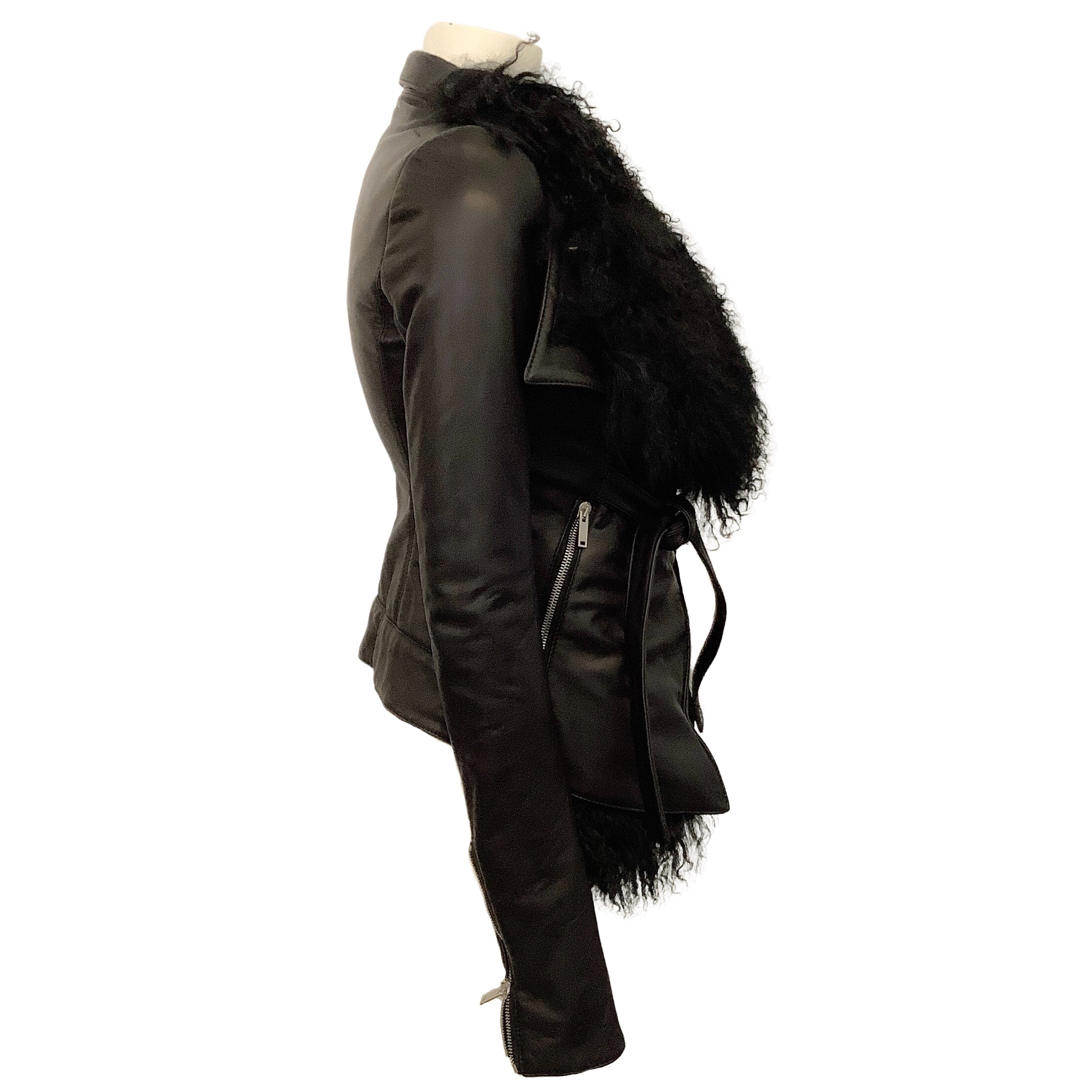 Gareth Pugh Black Leather Wrap Jacket with Lamb Collar