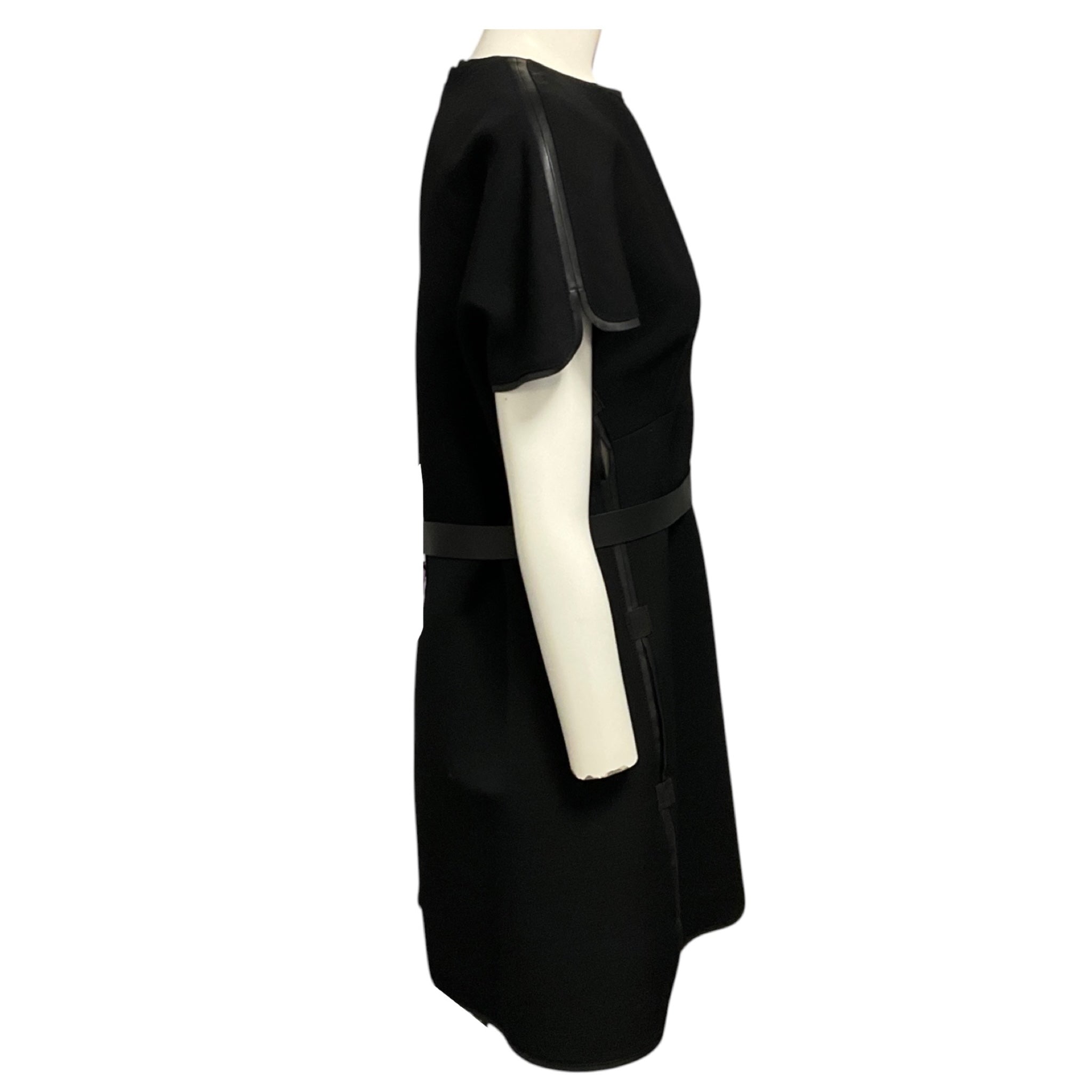 Valentino Black Lambskin Leather Trimmed Wool Crepe Mini Dress with Belt