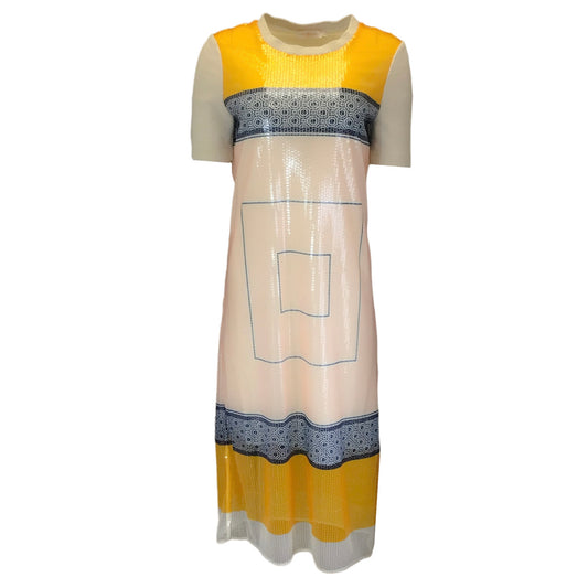 Tory Burch Ivory / Navy Blue / Yellow Multi Sequined Geometric Patterned Short Sleeved Knit Midi Dress