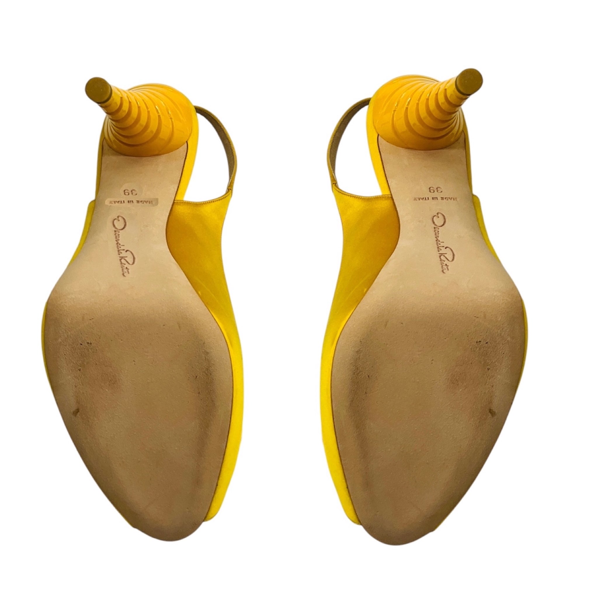 Oscar de la Renta Yellow Origami Open Toe Satin Sculpted Heel Slingback Heels