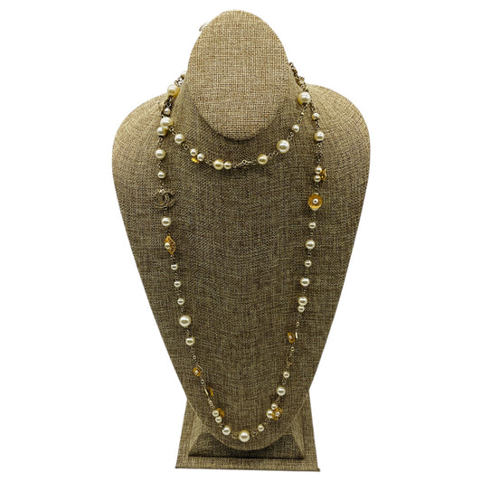 Chanel 2018 CC Logo Pearl Embellished Long Gold Chain Necklace with Camellias