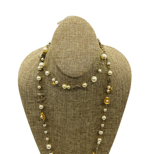 Chanel 2018 CC Logo Pearl Embellished Long Gold Chain Necklace with Camellias