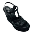 Load image into Gallery viewer, Saint Laurent Black Smooth Leather Tribute Espadrille Wedge Sandals
