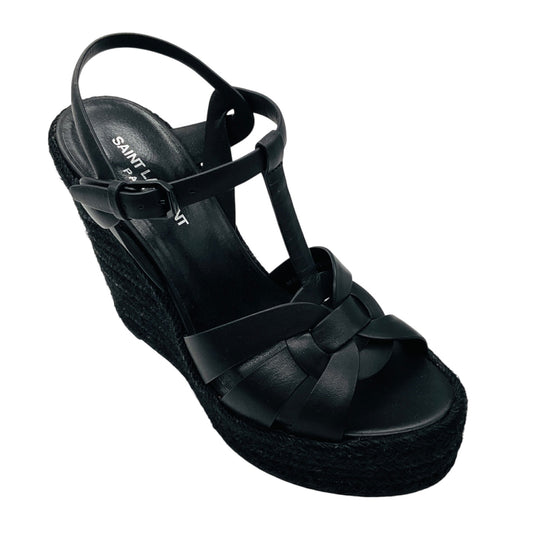 Saint Laurent Black Smooth Leather Tribute Espadrille Wedge Sandals