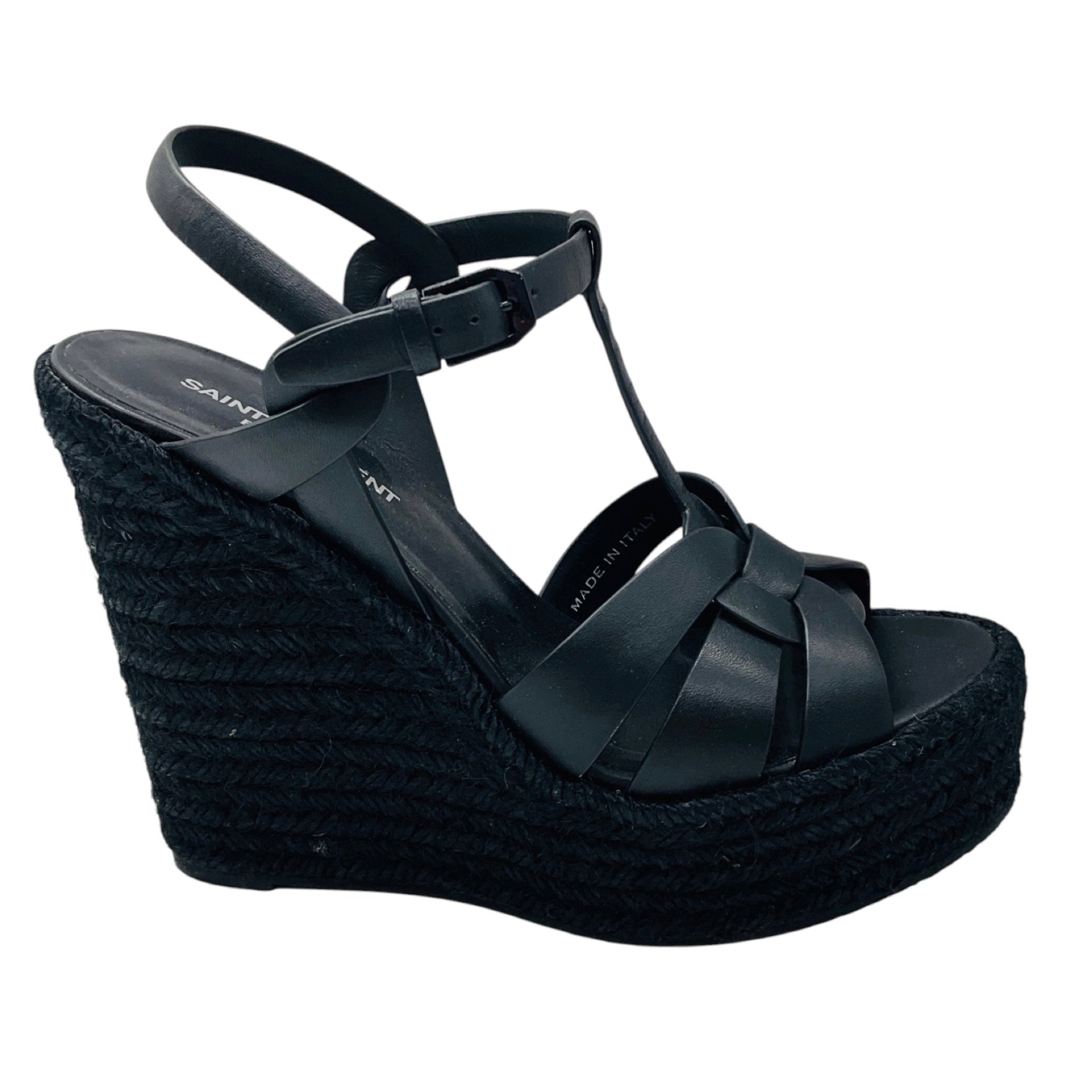 Saint Laurent Black Smooth Leather Tribute Espadrille Wedge Sandals