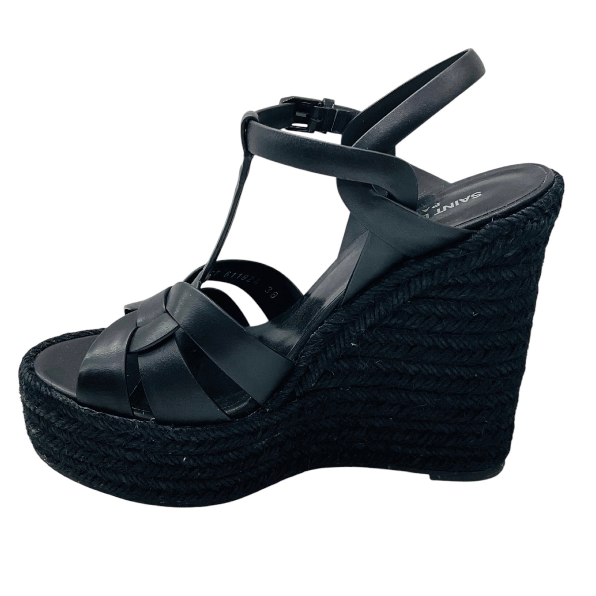 Saint Laurent Black Smooth Leather Tribute Espadrille Wedge Sandals