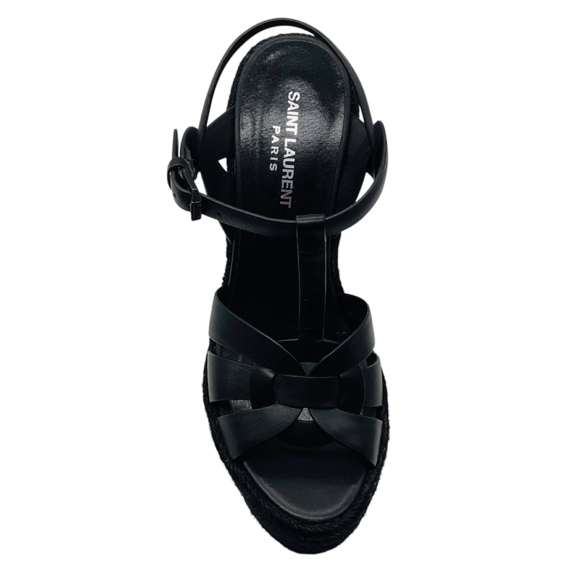 Saint Laurent Black Smooth Leather Tribute Espadrille Wedge Sandals