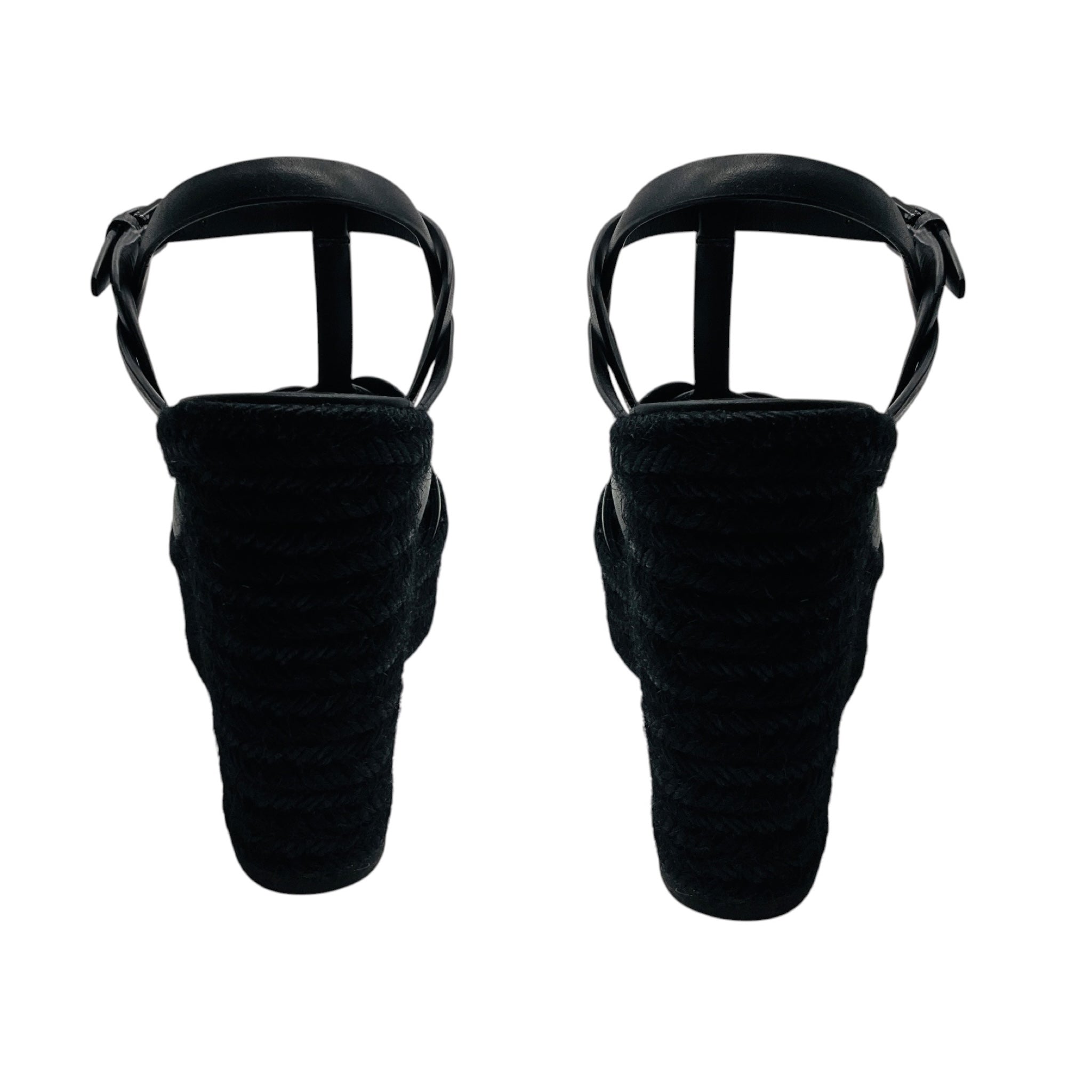 Saint Laurent Black Smooth Leather Tribute Espadrille Wedge Sandals