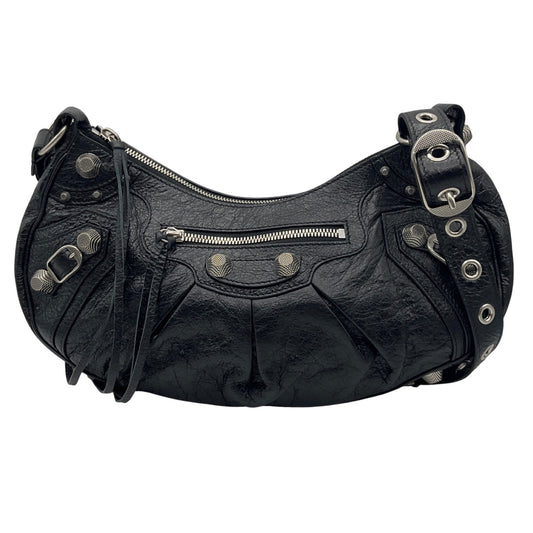 Balenciaga Black Le Cagole Small Shoulder Bag in Arena Lambskin with Aged Silver Hardware