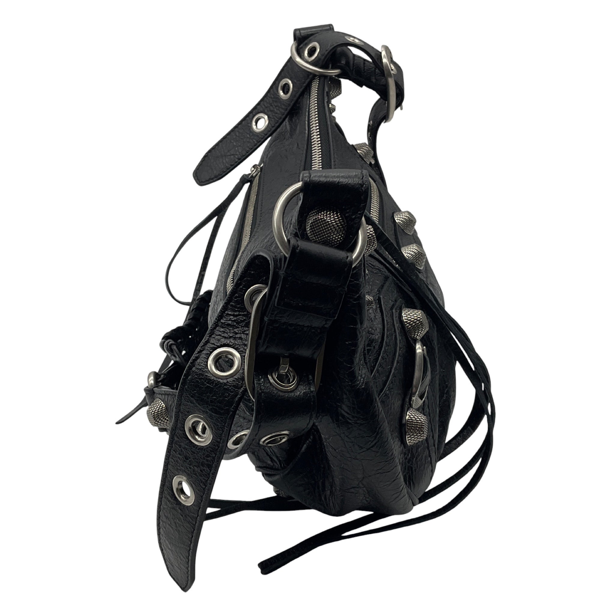 Balenciaga Black Le Cagole Small Shoulder Bag in Arena Lambskin with Aged Silver Hardware