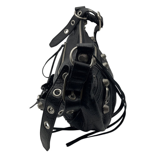Balenciaga Black Le Cagole Small Shoulder Bag in Arena Lambskin with Aged Silver Hardware