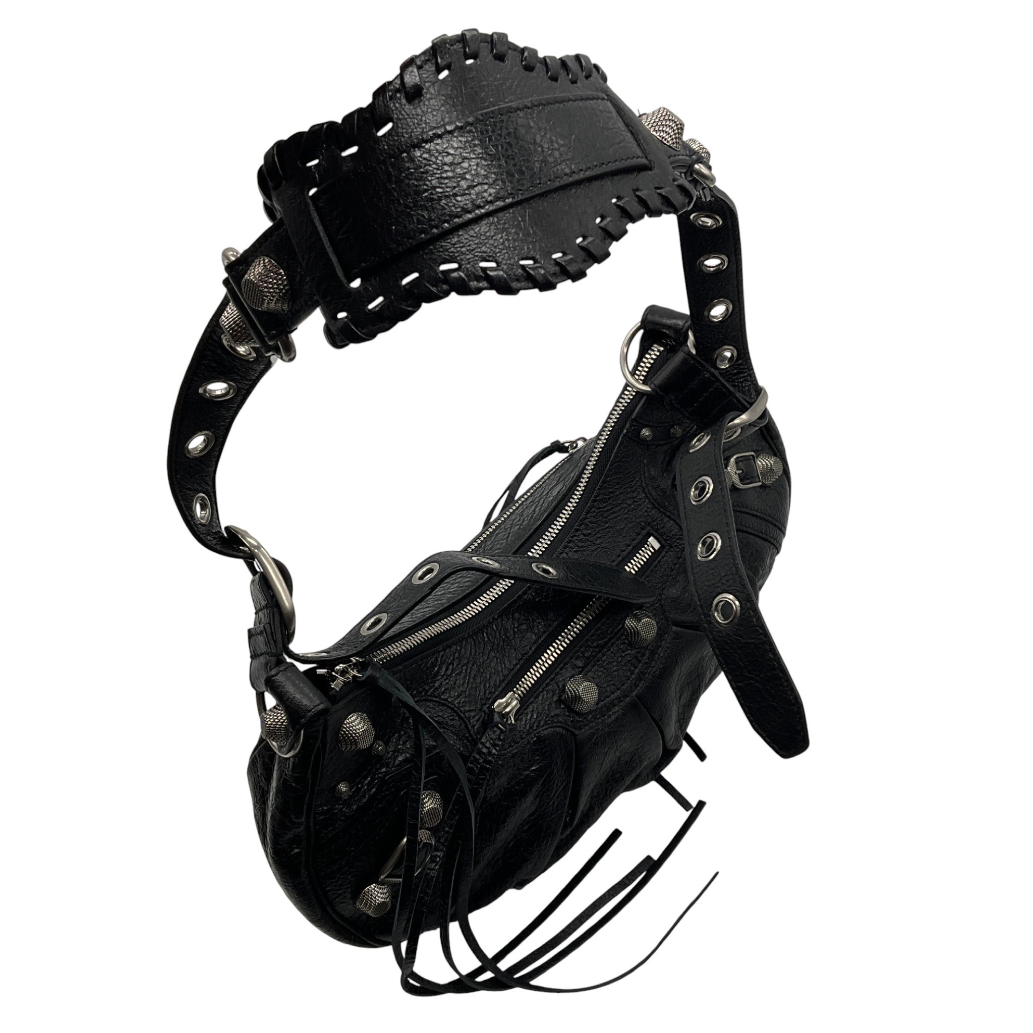 Balenciaga Black Le Cagole Small Shoulder Bag in Arena Lambskin with Aged Silver Hardware