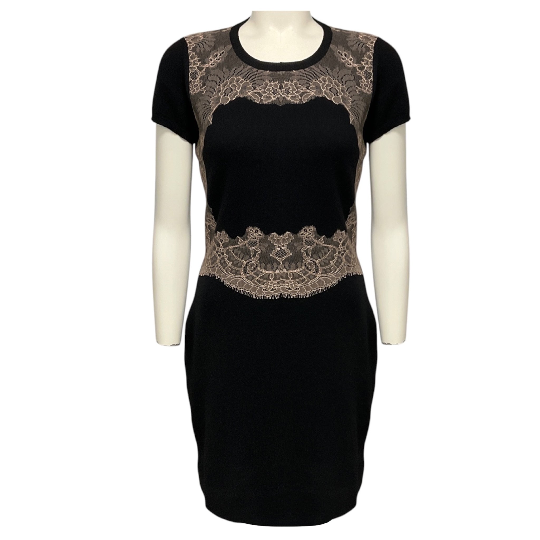 Valentino Black / Nude Lace Trimmed Short Sleeved Knit Midi Dress