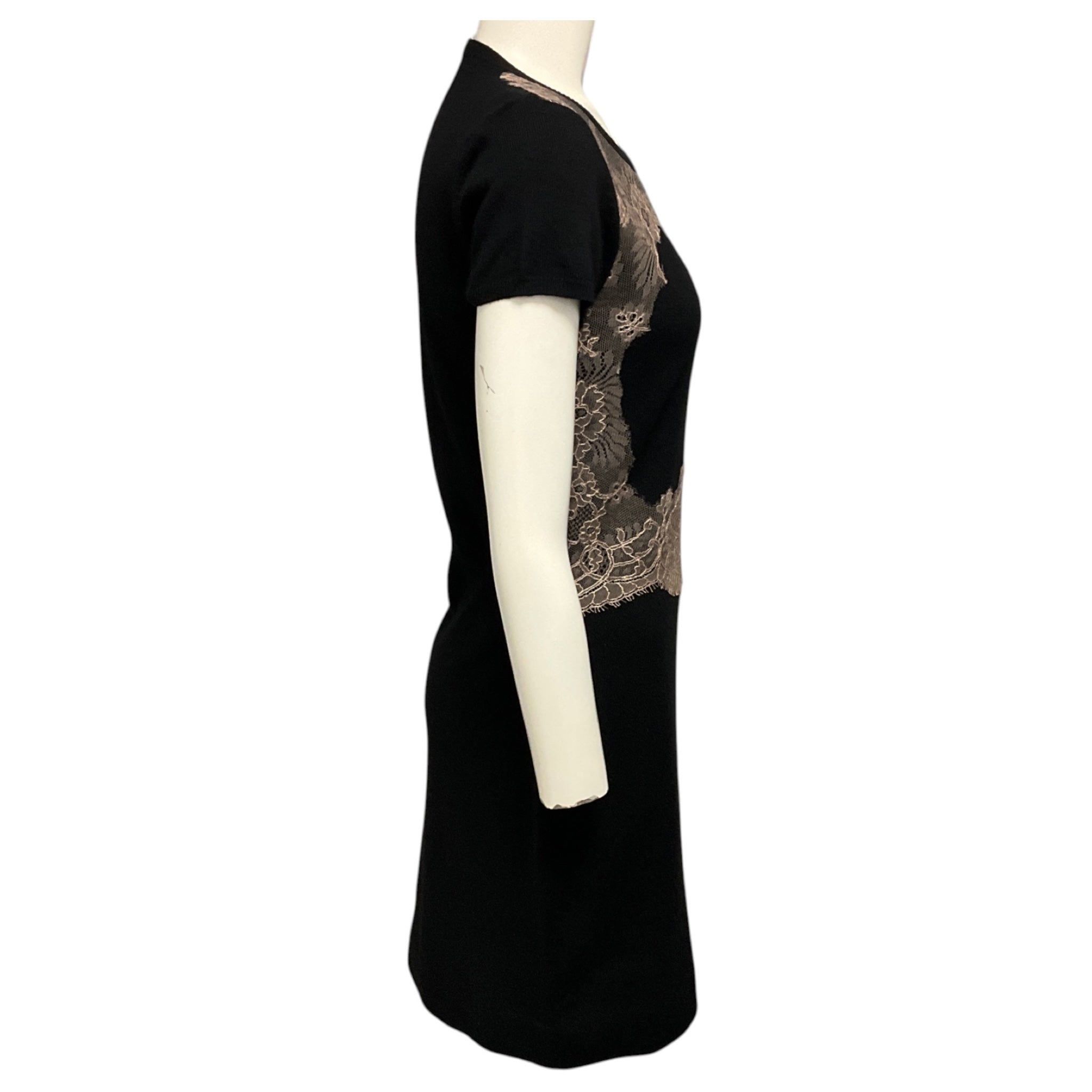 Valentino Black / Nude Lace Trimmed Short Sleeved Knit Midi Dress