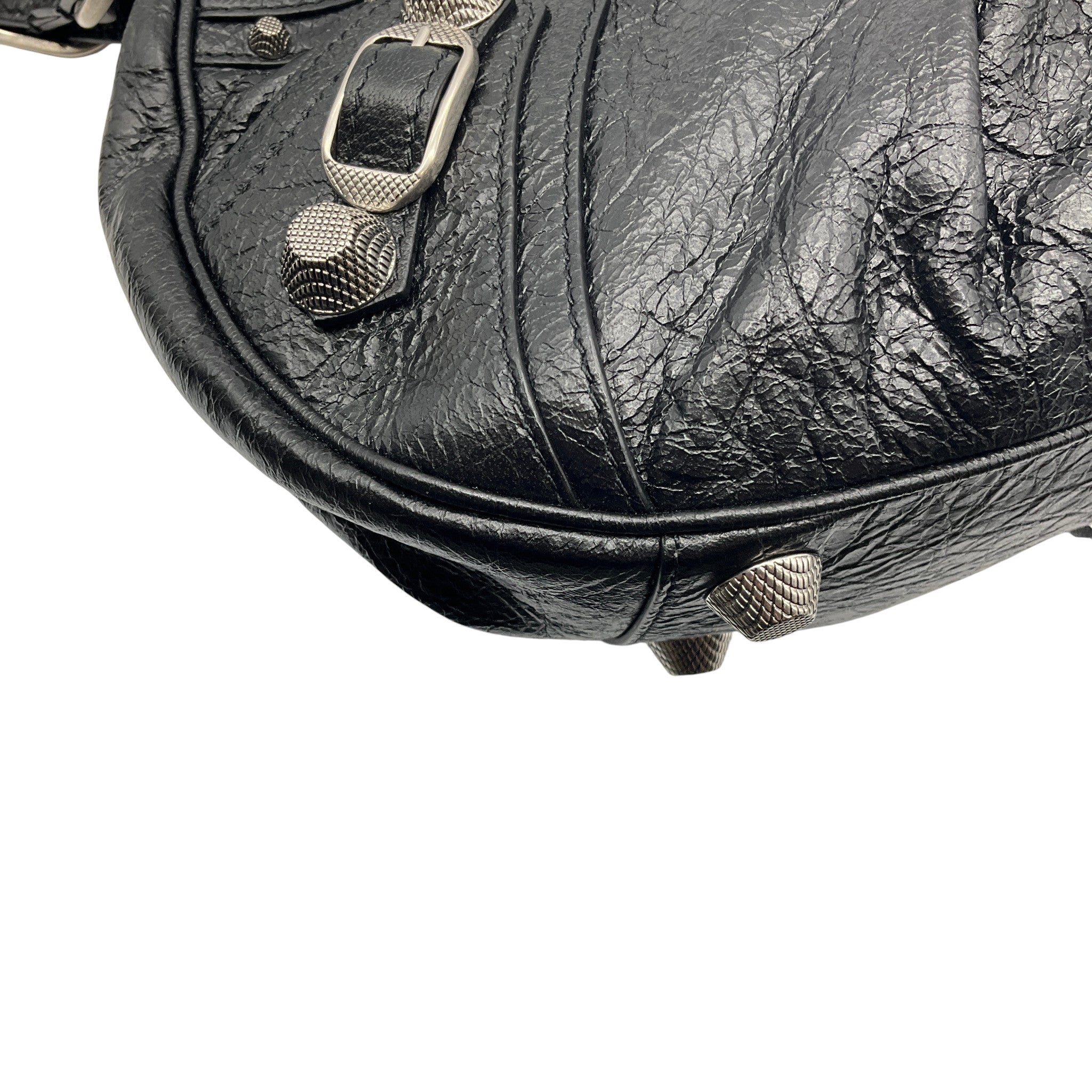 Balenciaga Black Le Cagole Small Shoulder Bag in Arena Lambskin with Aged Silver Hardware