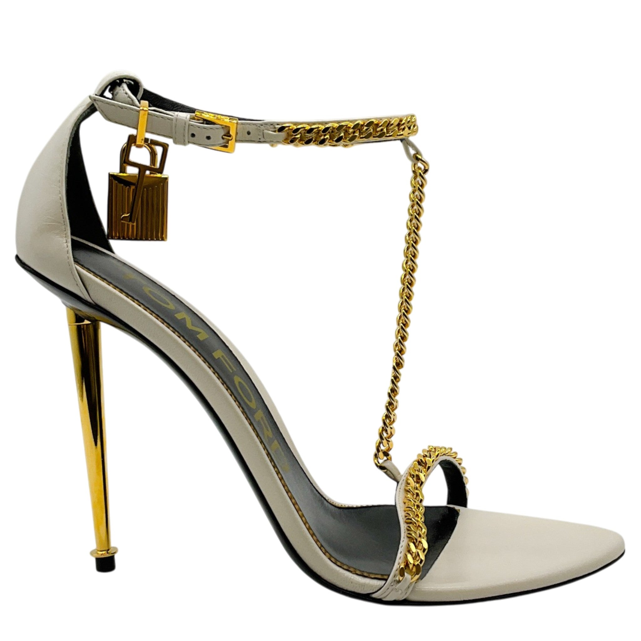 Tom Ford Ivory Leather Pointy Naked Sandals with Gold Chain and Padlock