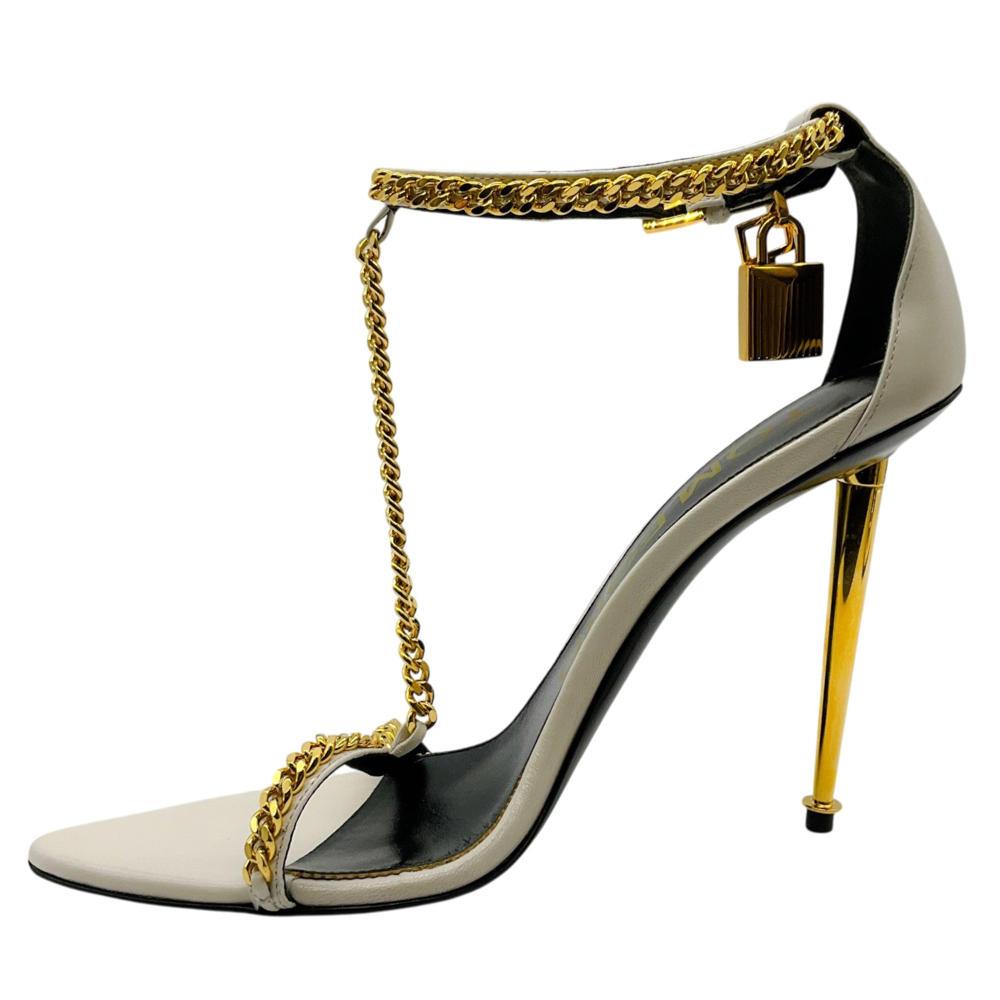 Tom Ford Ivory Leather Pointy Naked Sandals with Gold Chain and Padlock