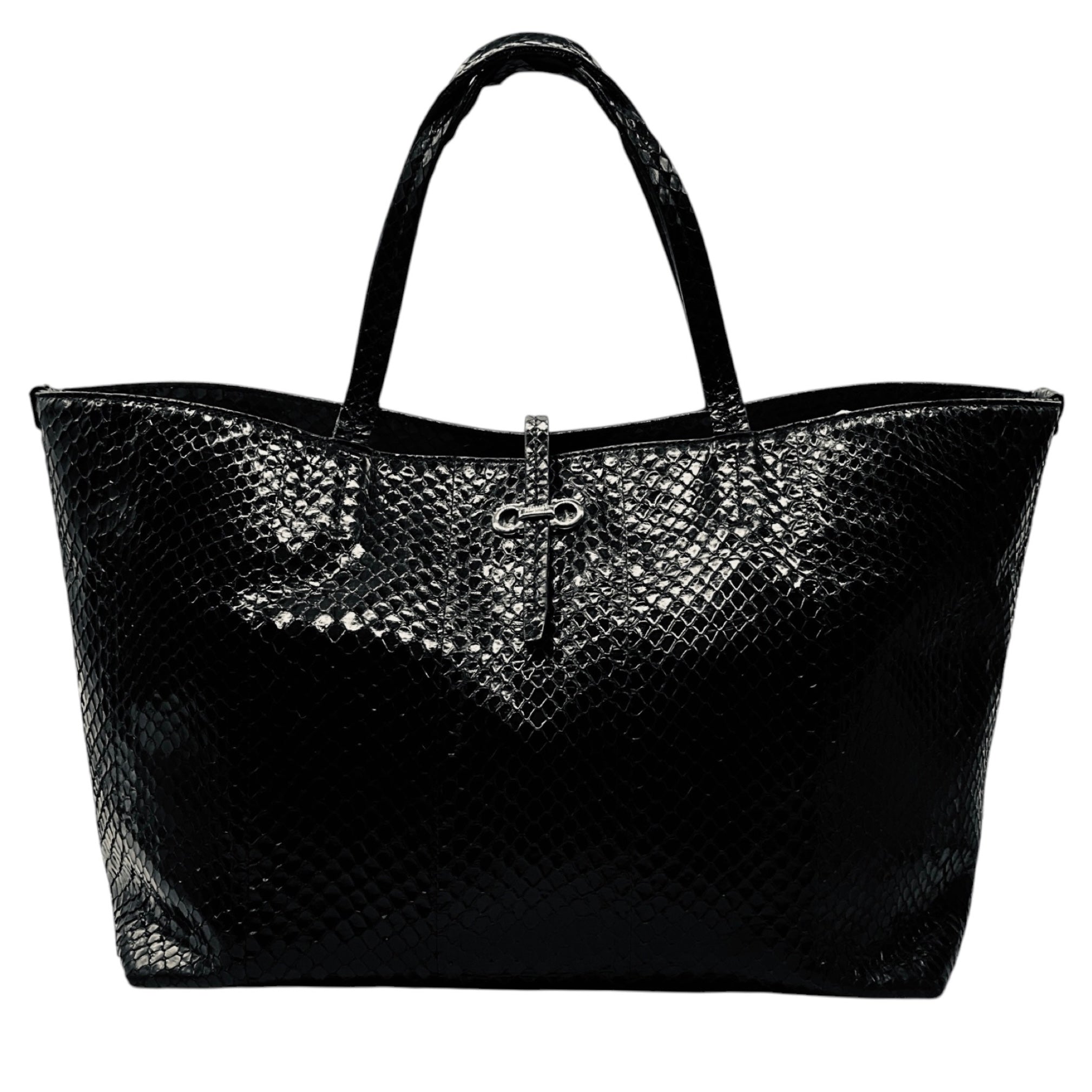 Salvatore Ferragamo Black Snakeskin Leather Double Top Handle Tote Handbag