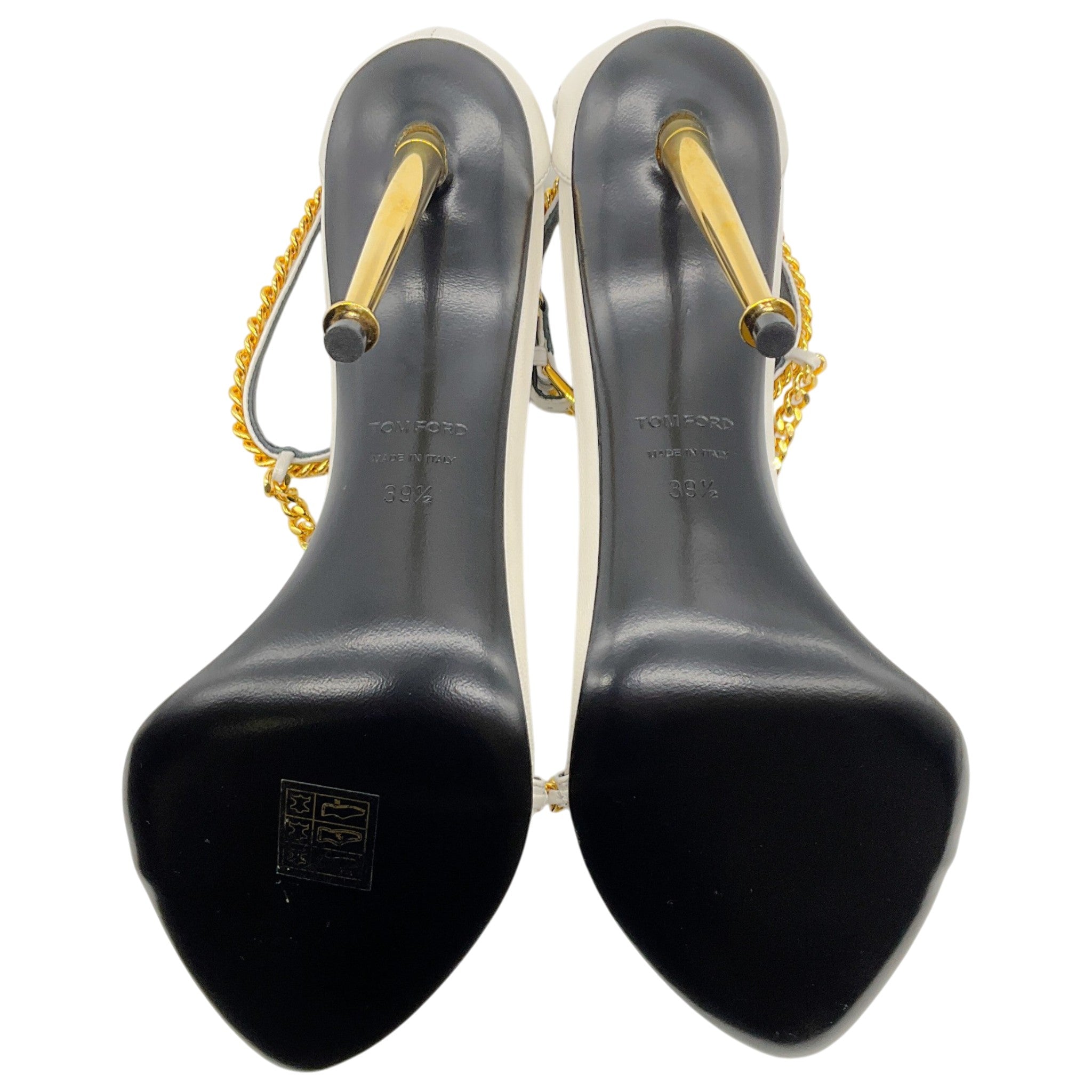 Tom Ford Ivory Leather Pointy Naked Sandals with Gold Chain and Padlock