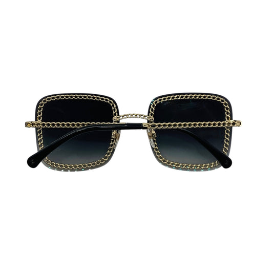 Chanel Dark Grey Gradient Lens Rimless Square Frame Sunglasses with Gold Chain Detail