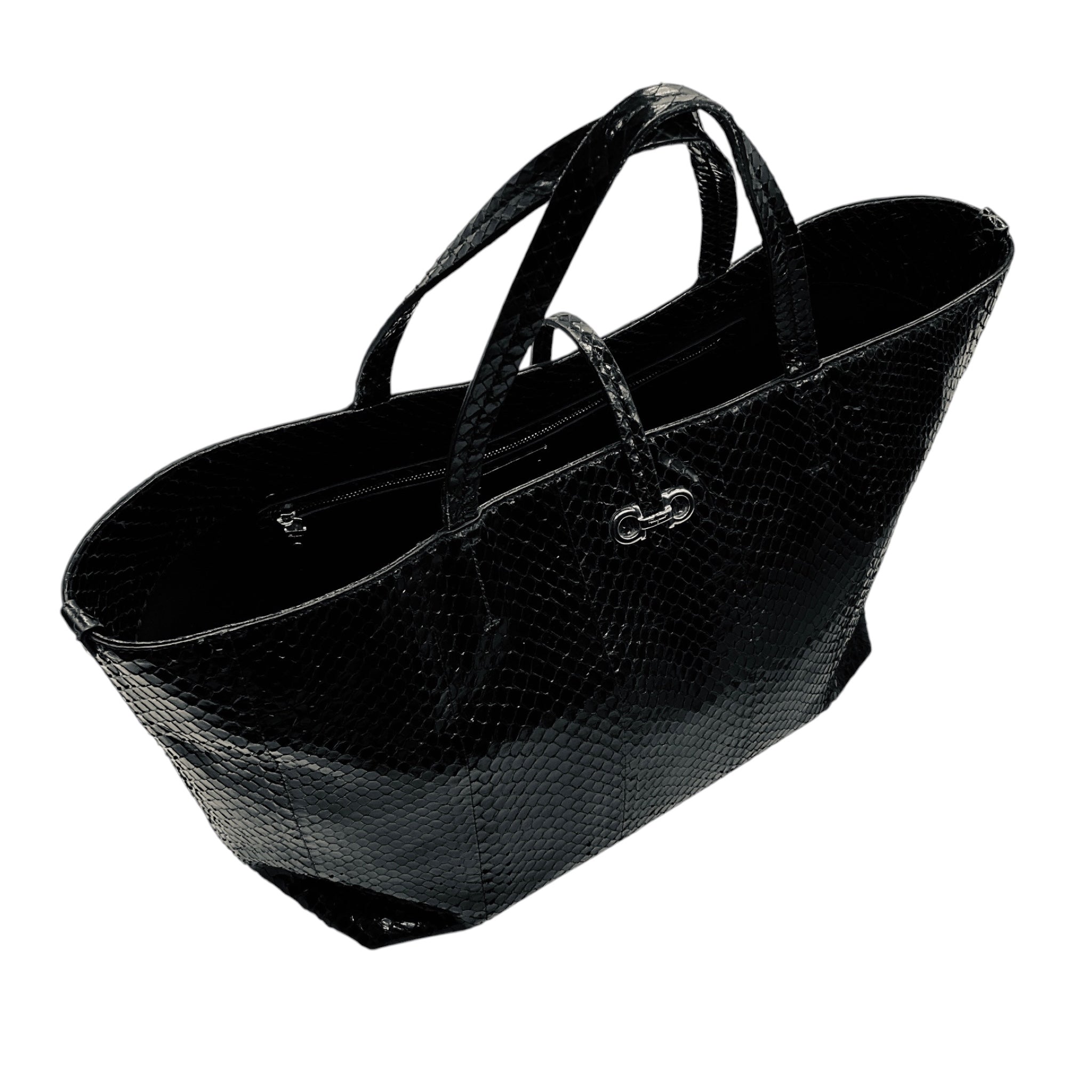 Salvatore Ferragamo Black Snakeskin Leather Double Top Handle Tote Handbag