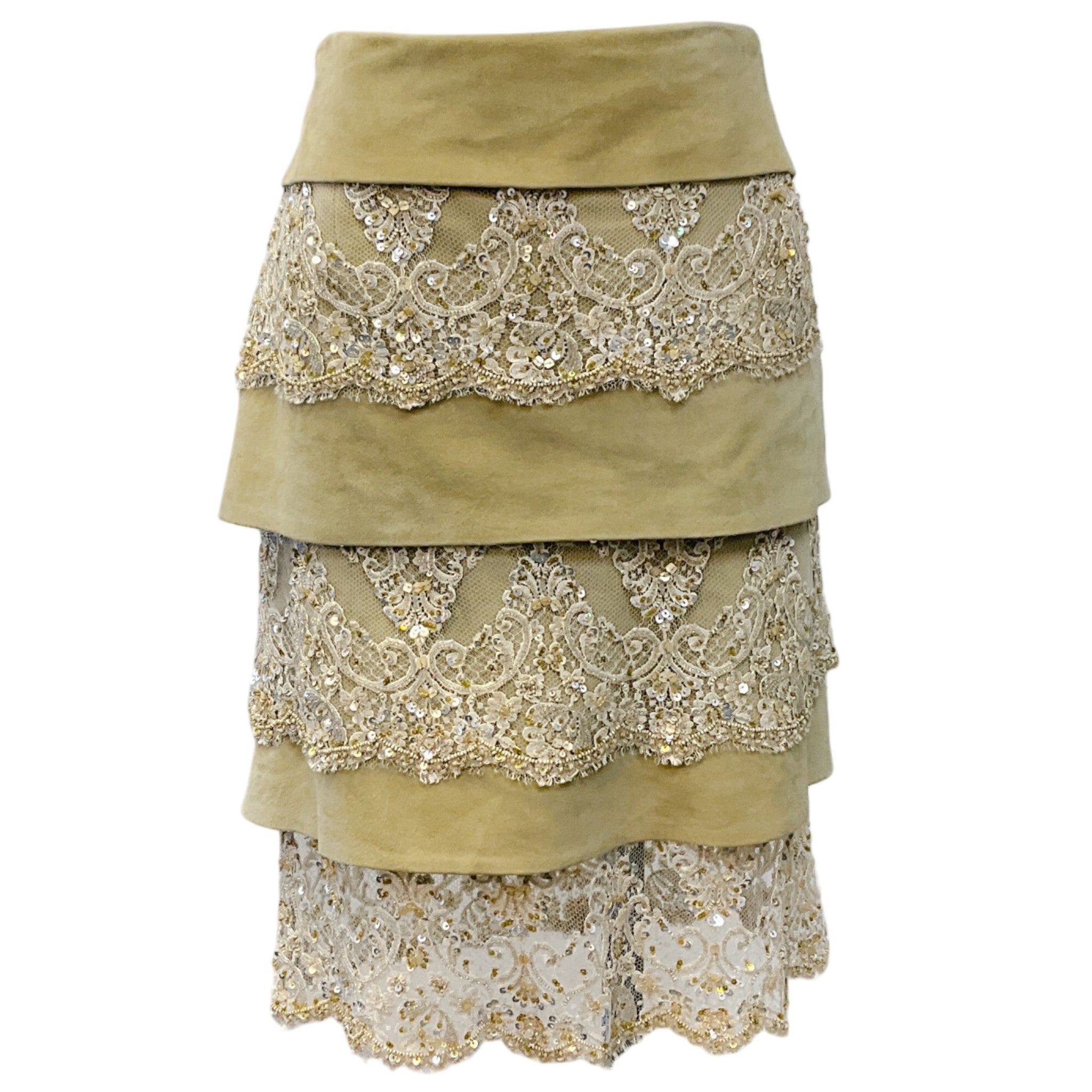 Valentino Vintage Beige Suede and Lace Tiered Skirt
