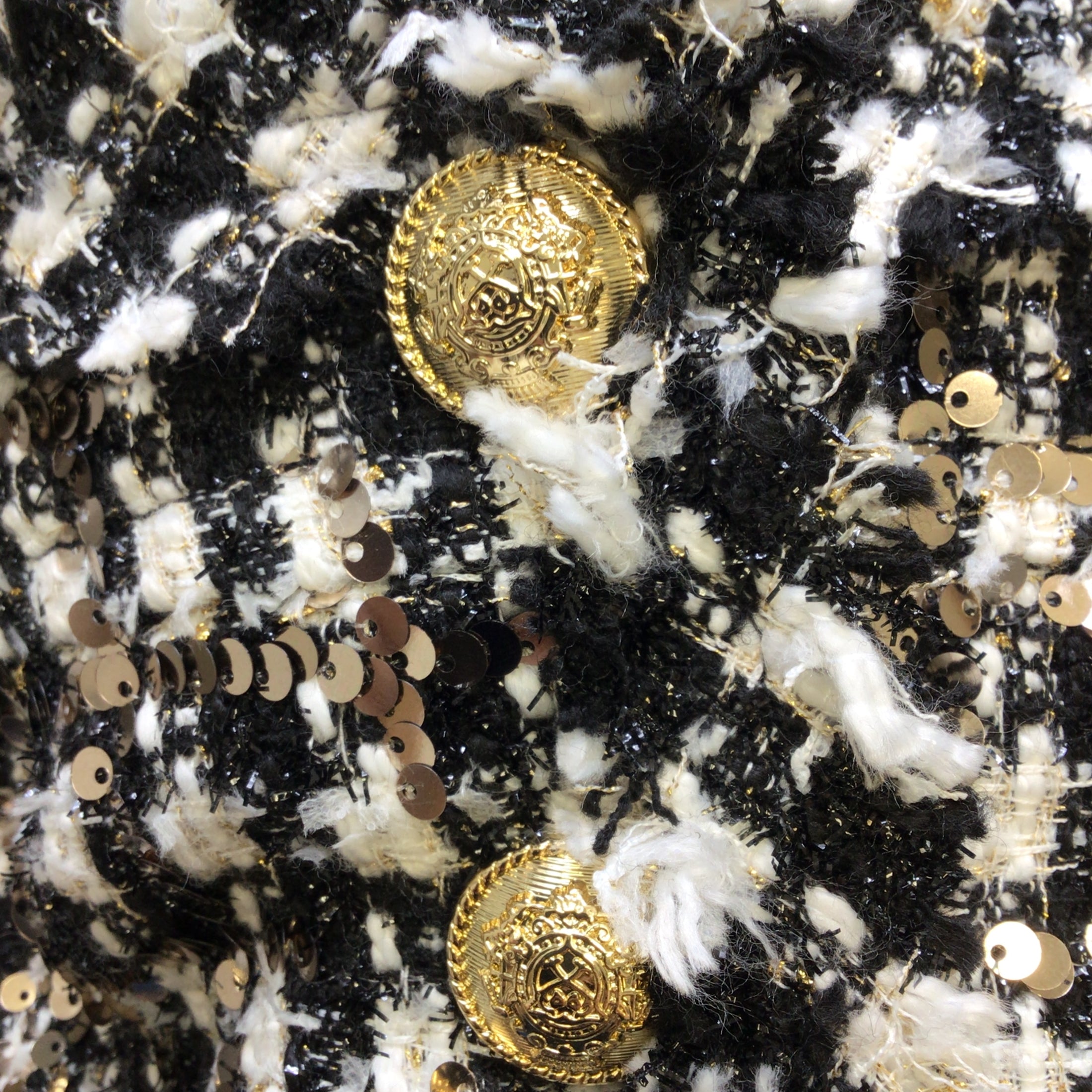 Derek Lam 10 Crosby Jacqueline Black / White / Silver Sequined and Gold Buttoned Cropped Boucle Tweed Blazer