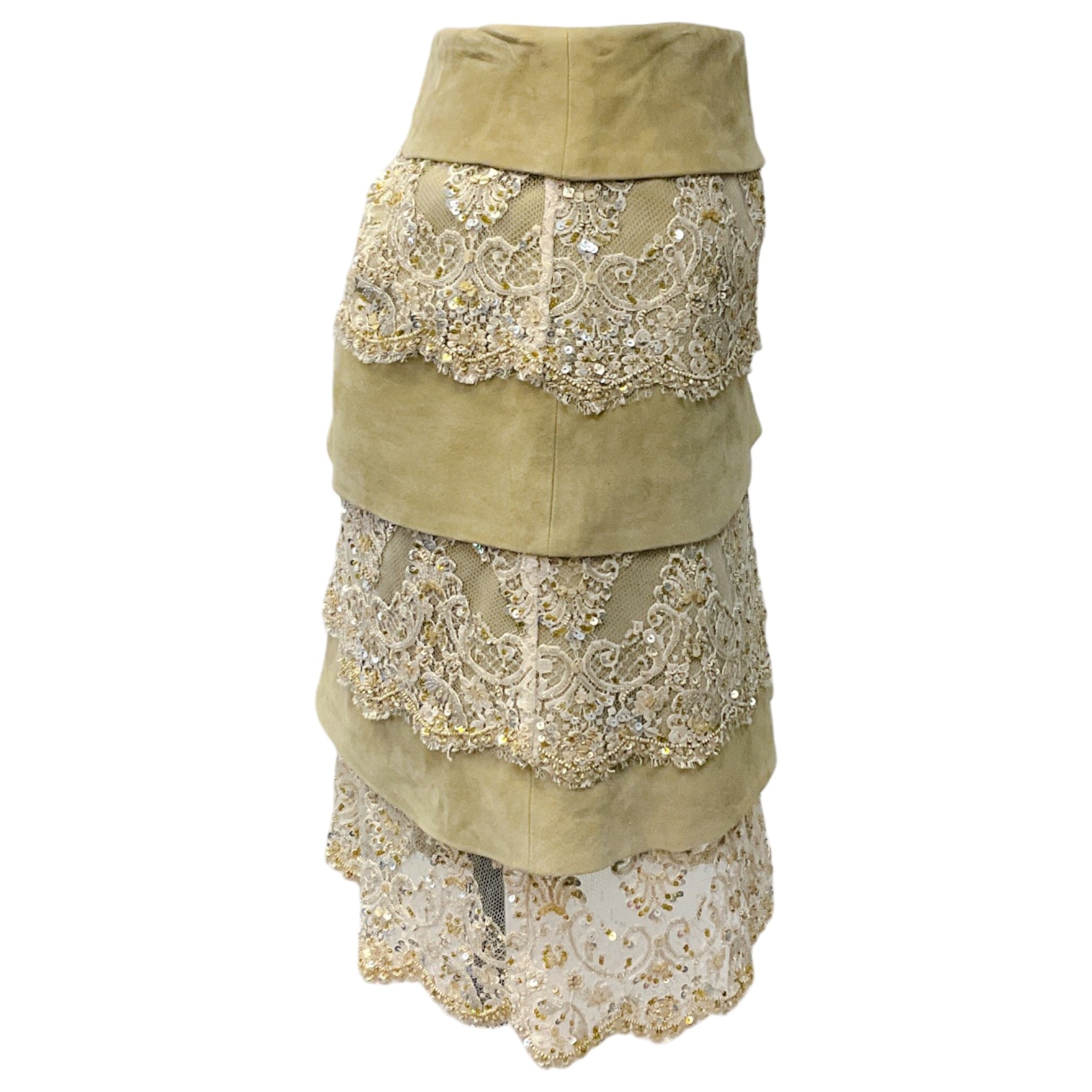 Valentino Vintage Beige Suede and Lace Tiered Skirt