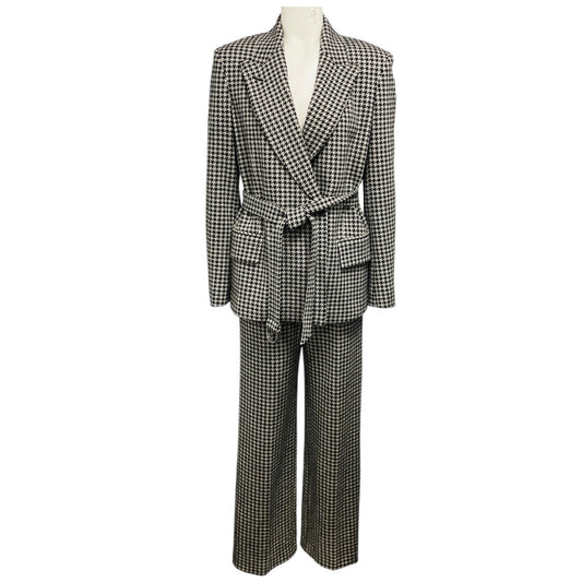 Max Mara Beige / Brown Houndstooth Patterned Wool Jacket and Pants Suit Set with Belt