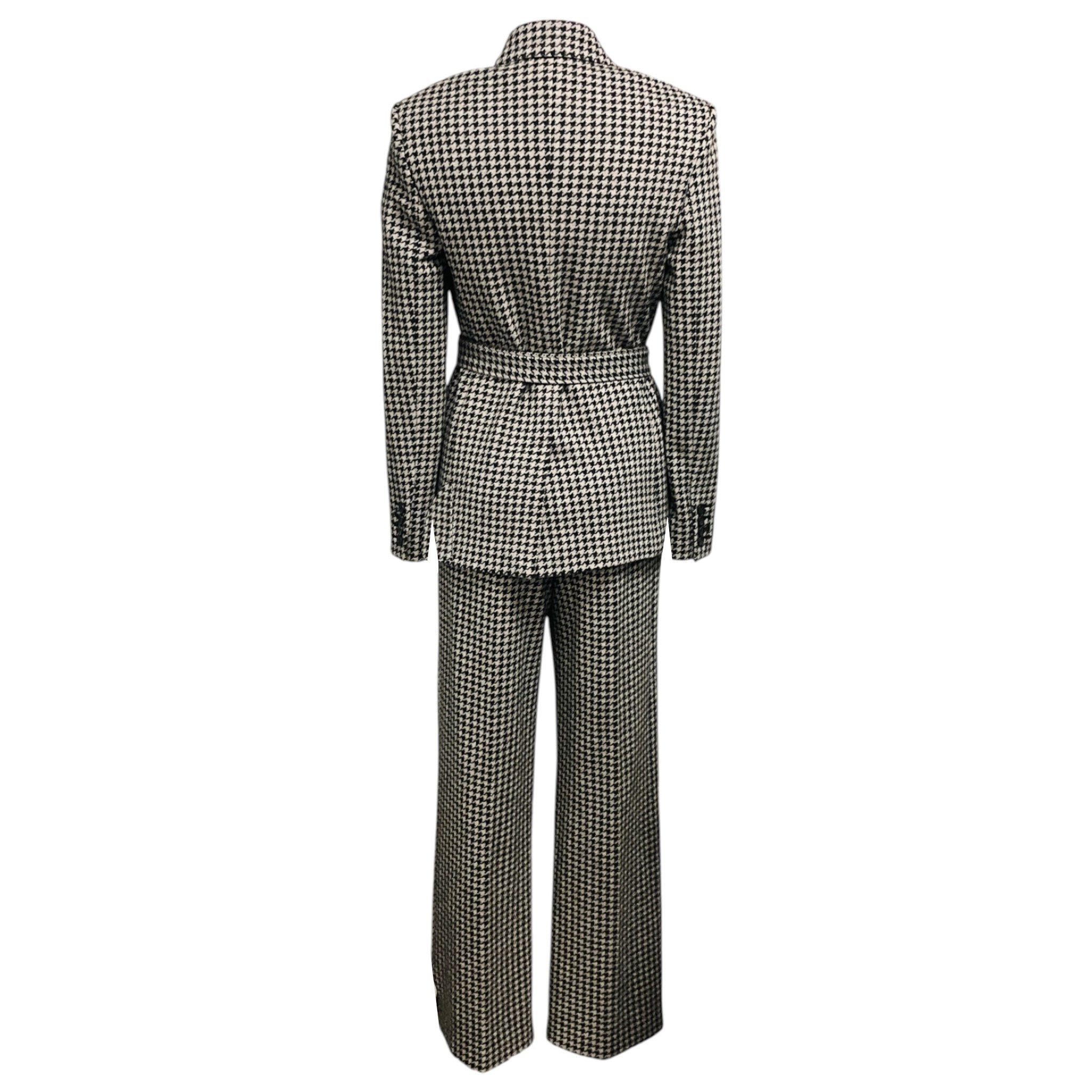 Max Mara Beige / Brown Houndstooth Patterned Wool Jacket and Pants Suit Set with Belt