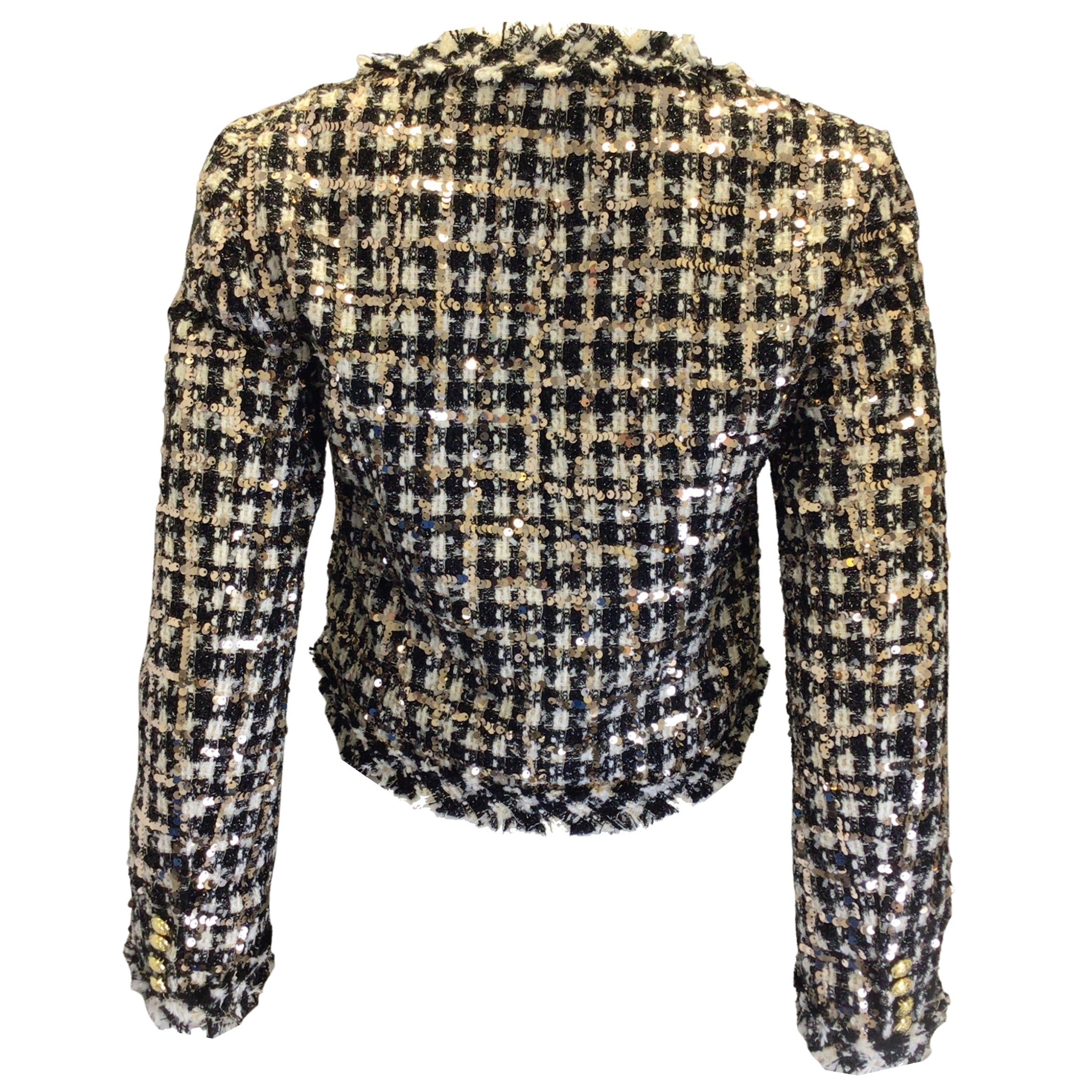 Derek Lam 10 Crosby Jacqueline Black / White / Silver Sequined and Gold Buttoned Cropped Boucle Tweed Blazer
