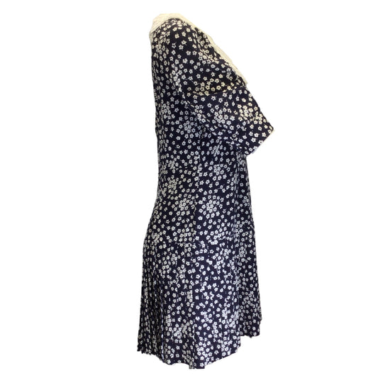 Alessandra Rich Navy Blue / White Lace Trimmed Pearl Buttoned Floral Printed Silk Mini Dress